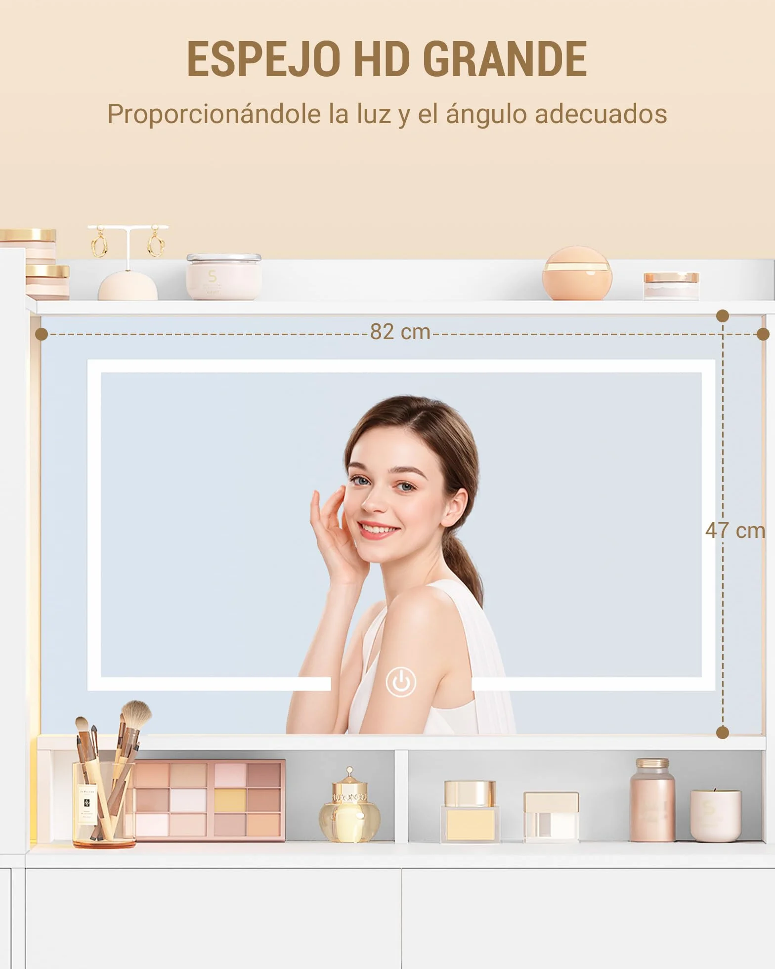 Tocador de Maquillaje Grande 140 cm con Espejo HD, Tira de Luz RGB, 10 Cajones, Blanco