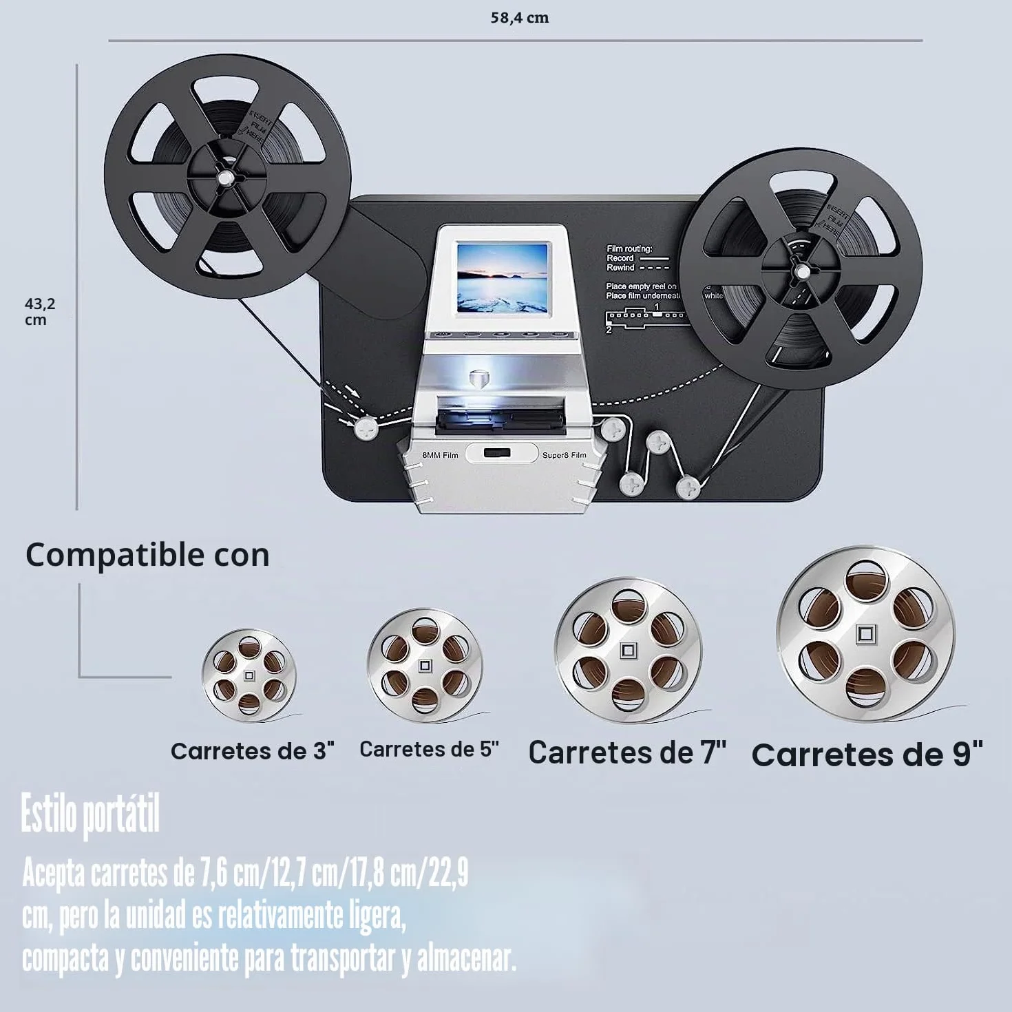 Escáner de películas Super 8/Normal 8 mm, Convert Film into Digital Video (3, 5, 7 y 9 "Rollo de película) Escáner y Digitalizador de películas con LCD de 2,4", 1080P y tarjeta SD de 32 GB