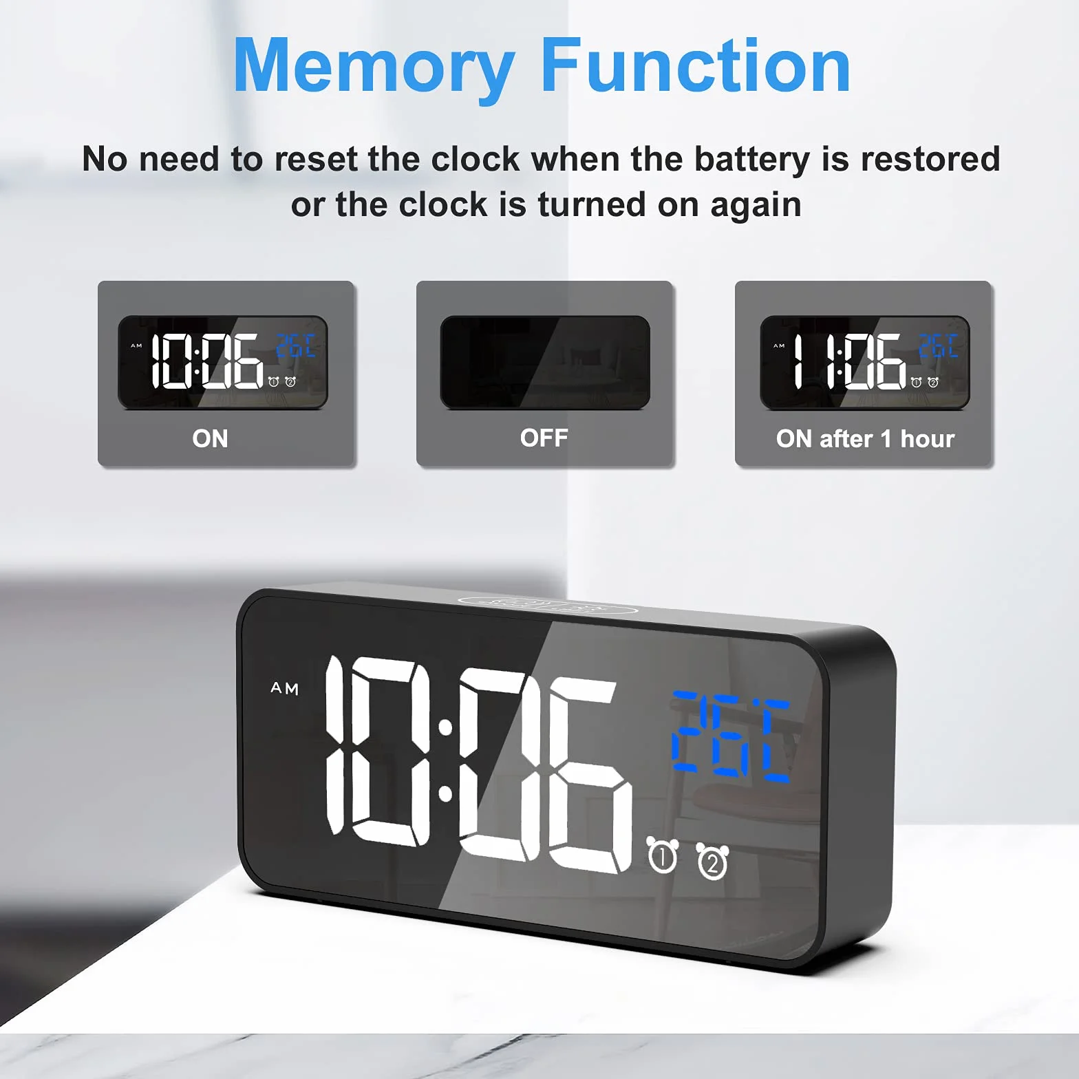 CHEREEKI Reloj Despertador Digital con Temperatura, Brillo Ajustable, Alarma Dual, Puerto USB