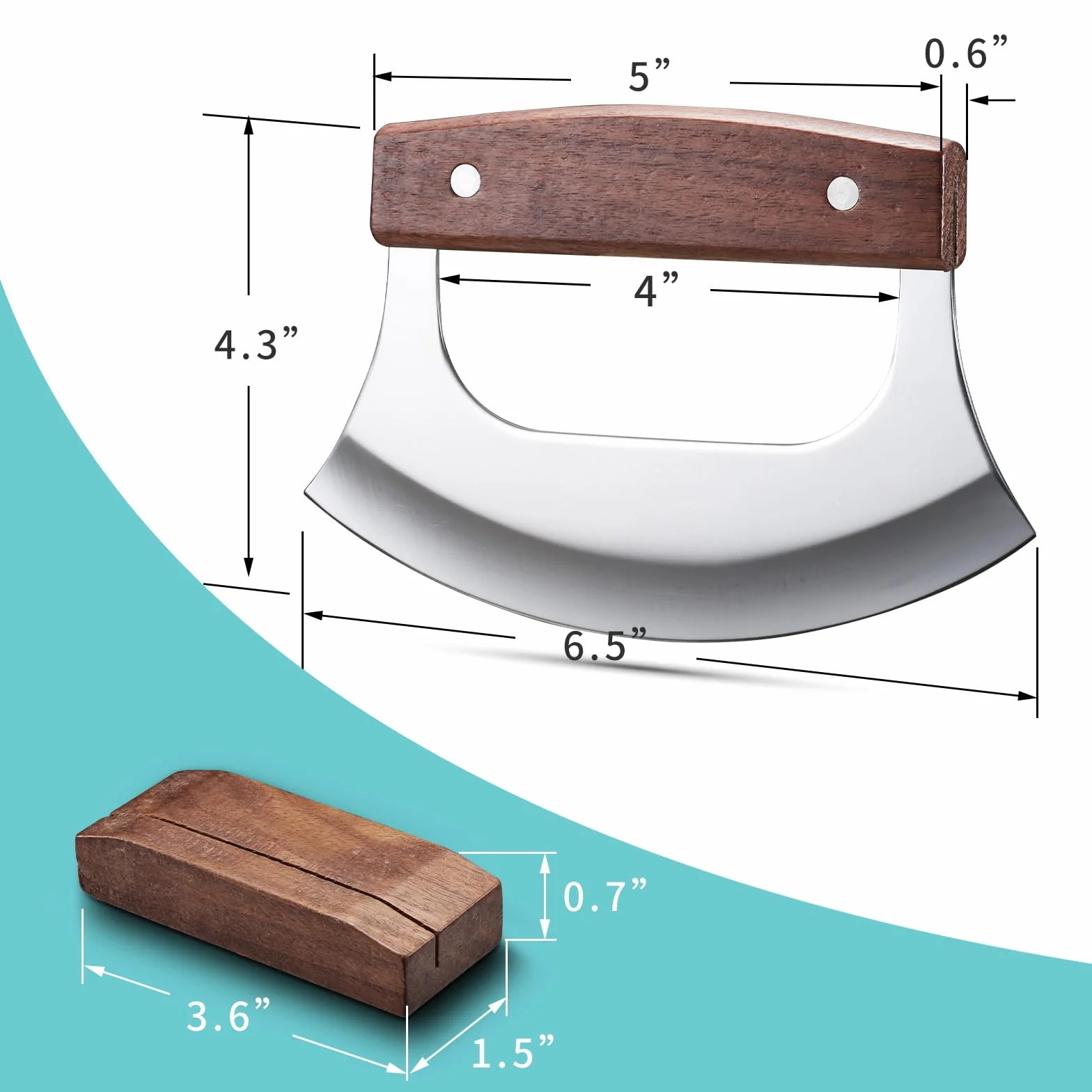 WEERSHUNCoowolf Ulu Knife Pizza Cutter Rocker Mezzaluna with Base Walnutwood Stainless Steel Blades for Chopping Herbs Salads