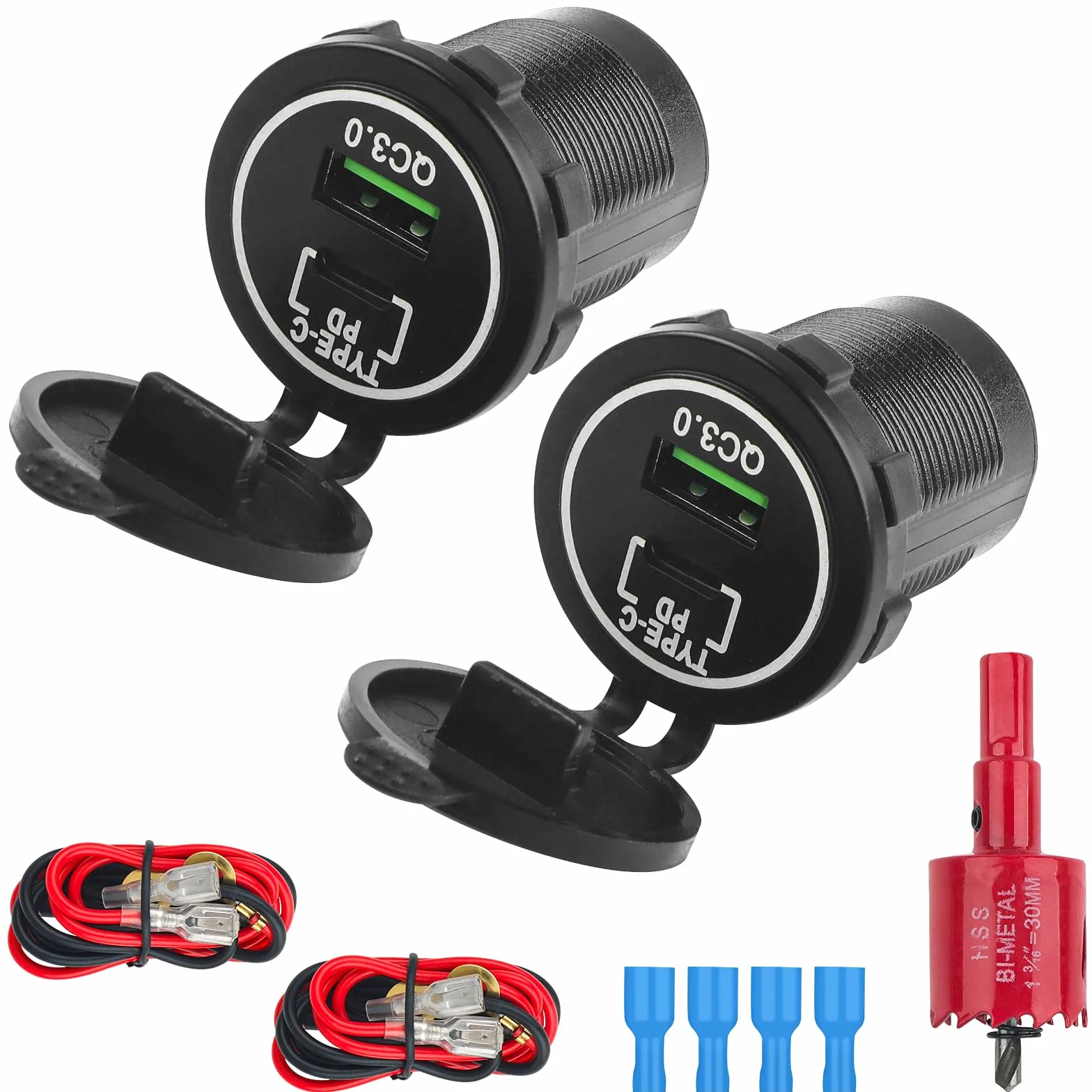 2 Enchufes USB 12V para Carga de Coche Conector | PD USB-C y QC 3.0 para Coche Resistente al Agua Cable 60 cm y Kit de Panel con Sierra Corona de 30 mm para Autocaravanas etc