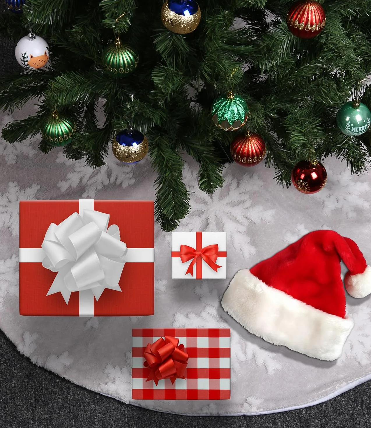 Falda de Árbol de Navidad 122CM Blanca con Copos de Nieve Gris 48 Inches