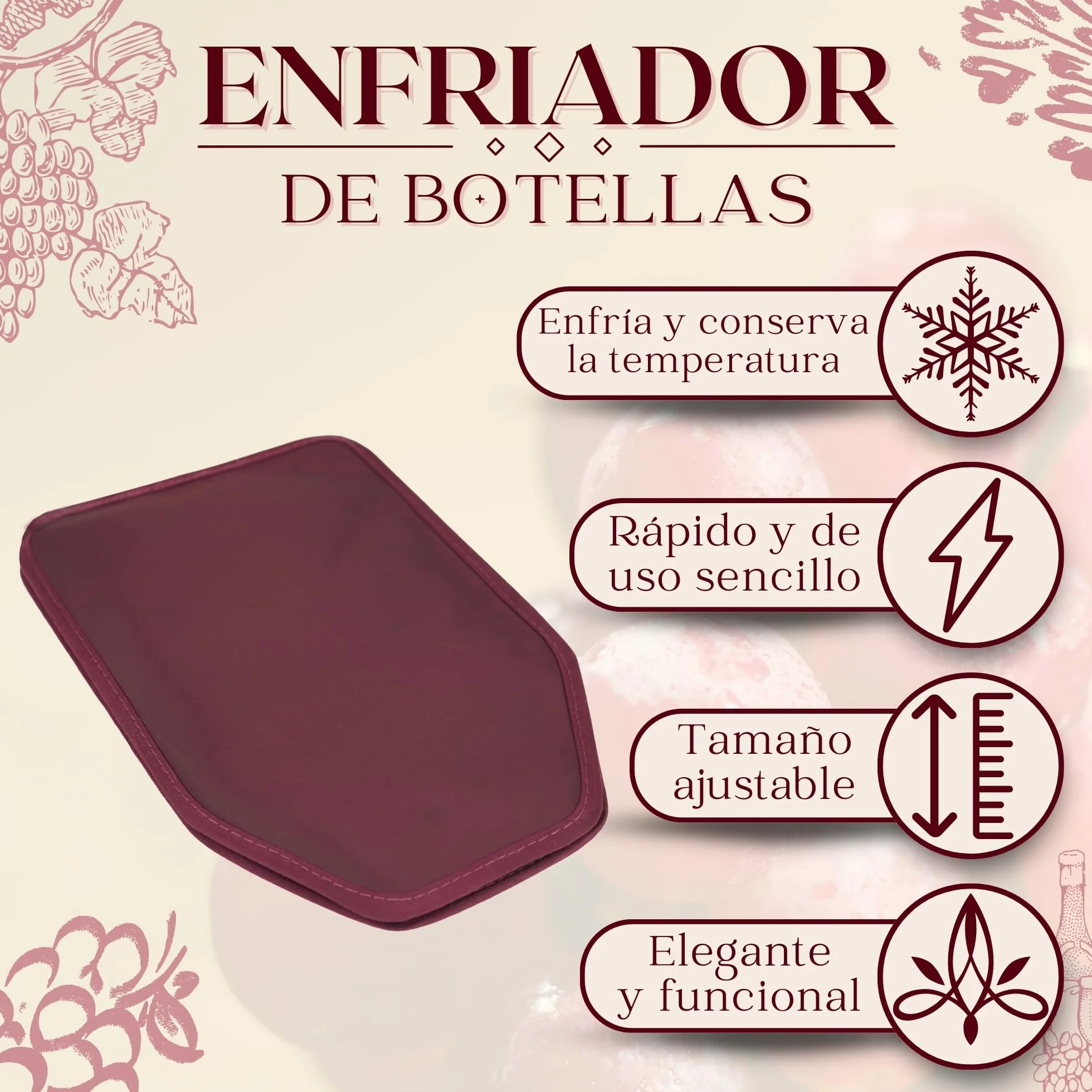 Enfriador de Botellas de Vino Reutilizable con Gel – Funda Enfriadora sin Hielo – Mantiene el Vino Frío 2h – Burdeos