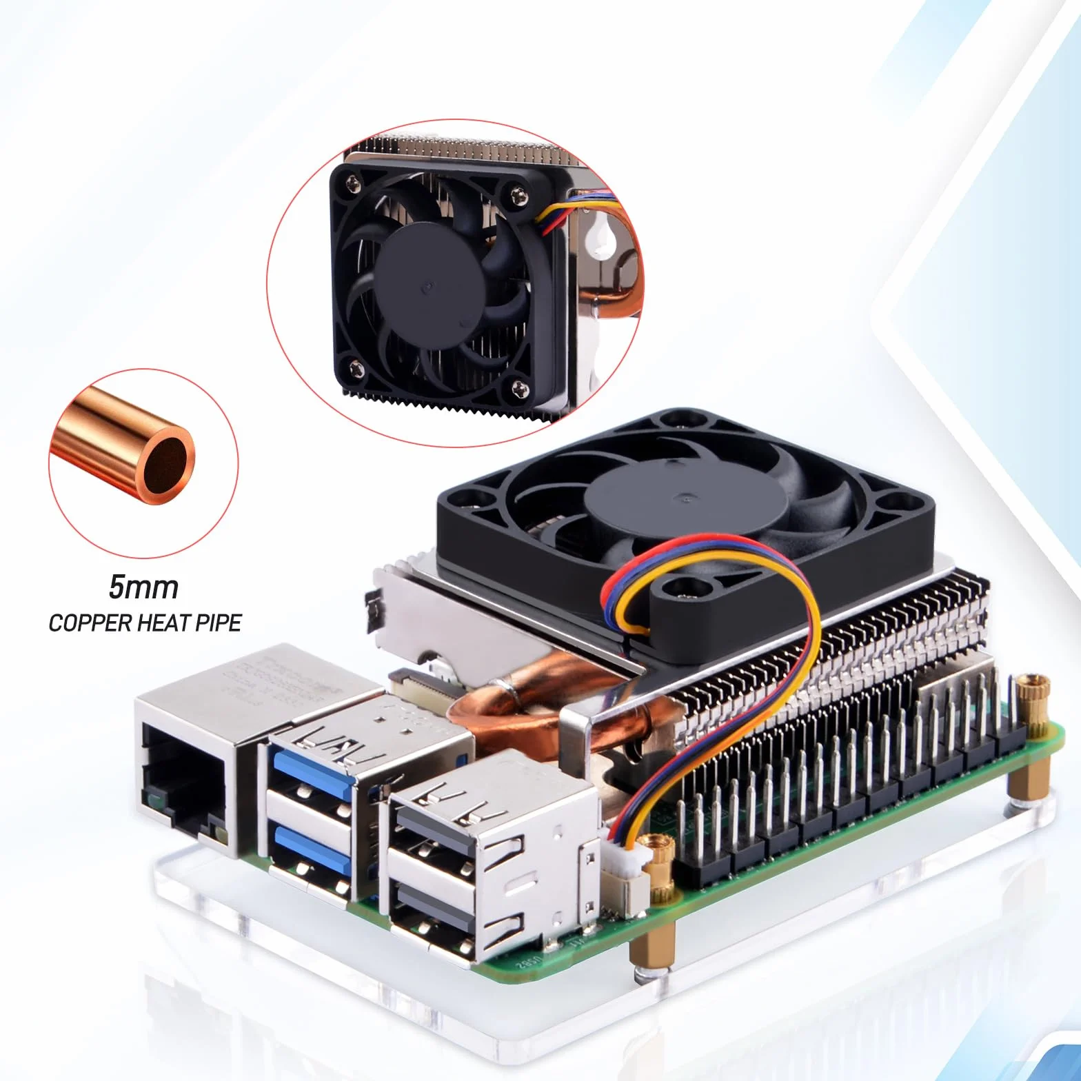 GeeekPi Ultra Thin Ice Tower Cooler para Raspberry Pi 5, radiador activo de aluminio con ventilador PWM de 40 x 40 x 7 mm para Raspberry Pi 5 4 GB/8 GB/16 GB