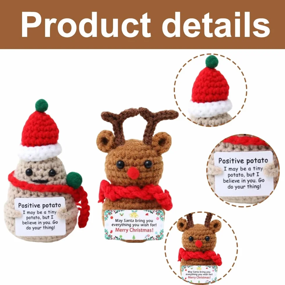 Alce de patata de ganchillo, divertido juguete de punto con tarjeta positiva, decoración de Navidad