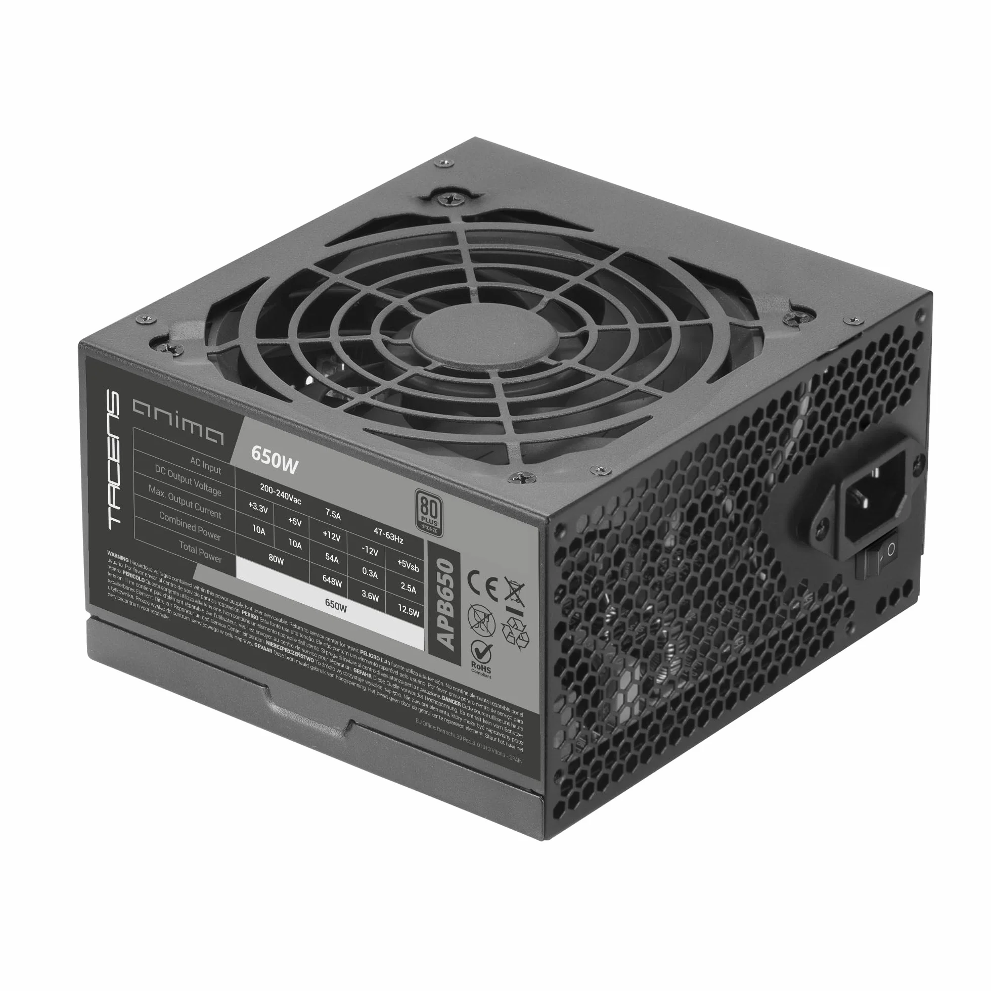 TACENS ANIMA APB650, Fuente Alimentación PC ATX 650W, Certificado 80Plus Bronze, 85% Eficiencia, Tecnologías SMD y DC-DC, Ventilador Ultra-silencioso 12cm, Cables Planos Extralargos, Negro