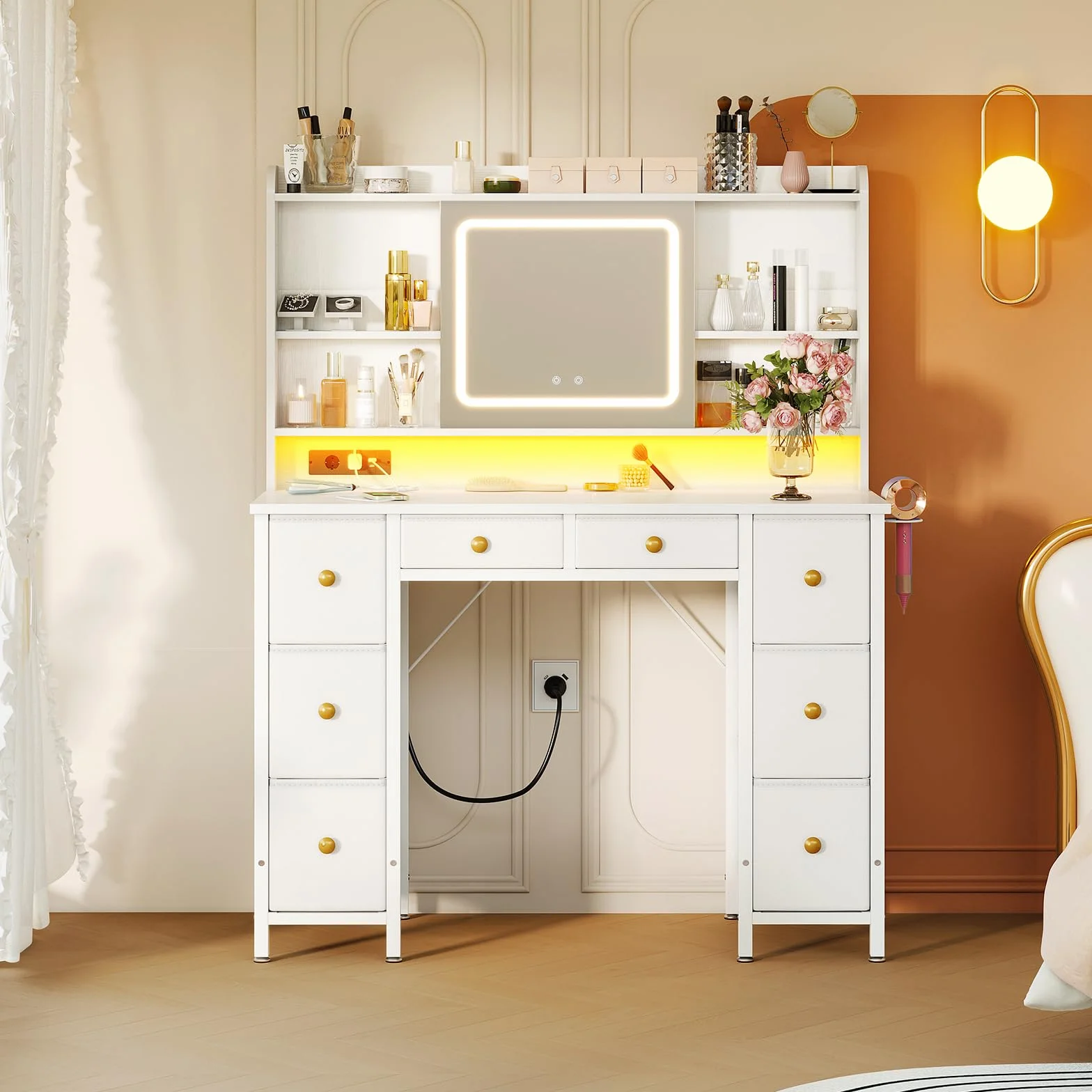 Tocador de Maquillaje Blanco con Espejo LED y USB, 110x40x137 cm