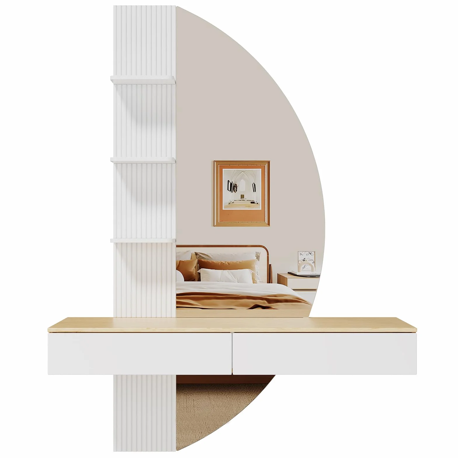 TRIUMPHKEY Tocador de Pared con Espejo en Forma de Media Luna, Mesa de Maquillaje Flotante con Luces LED Regulables, 2 Cajones y 3 Estantes, Ahorra Espacio para Dormitorio (Blanco)