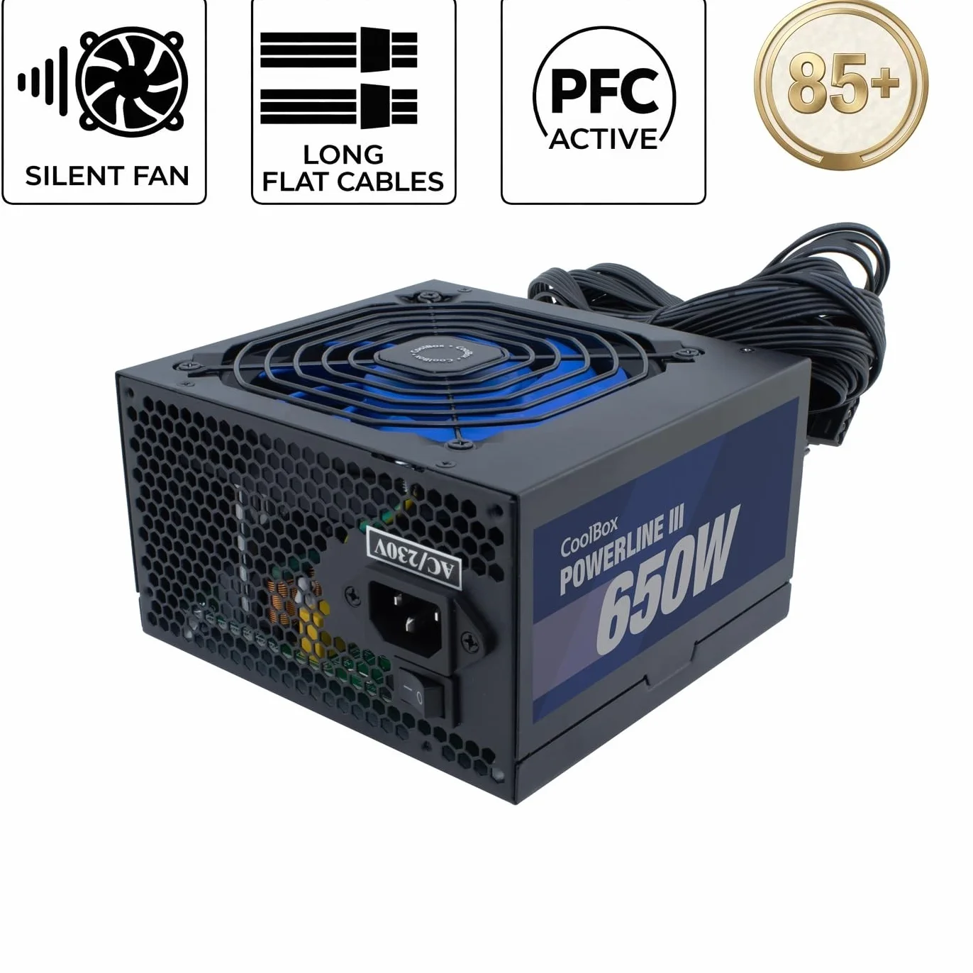 CoolBox Powerline3 650, Fuente de Alimentación PC 650W, ATX, 85% Eficiencia, Ventilador Ultra-silencioso 12cm, Tecnologías SMD y DC-DC, Filtro emi, Cables Planos Largos, Negro