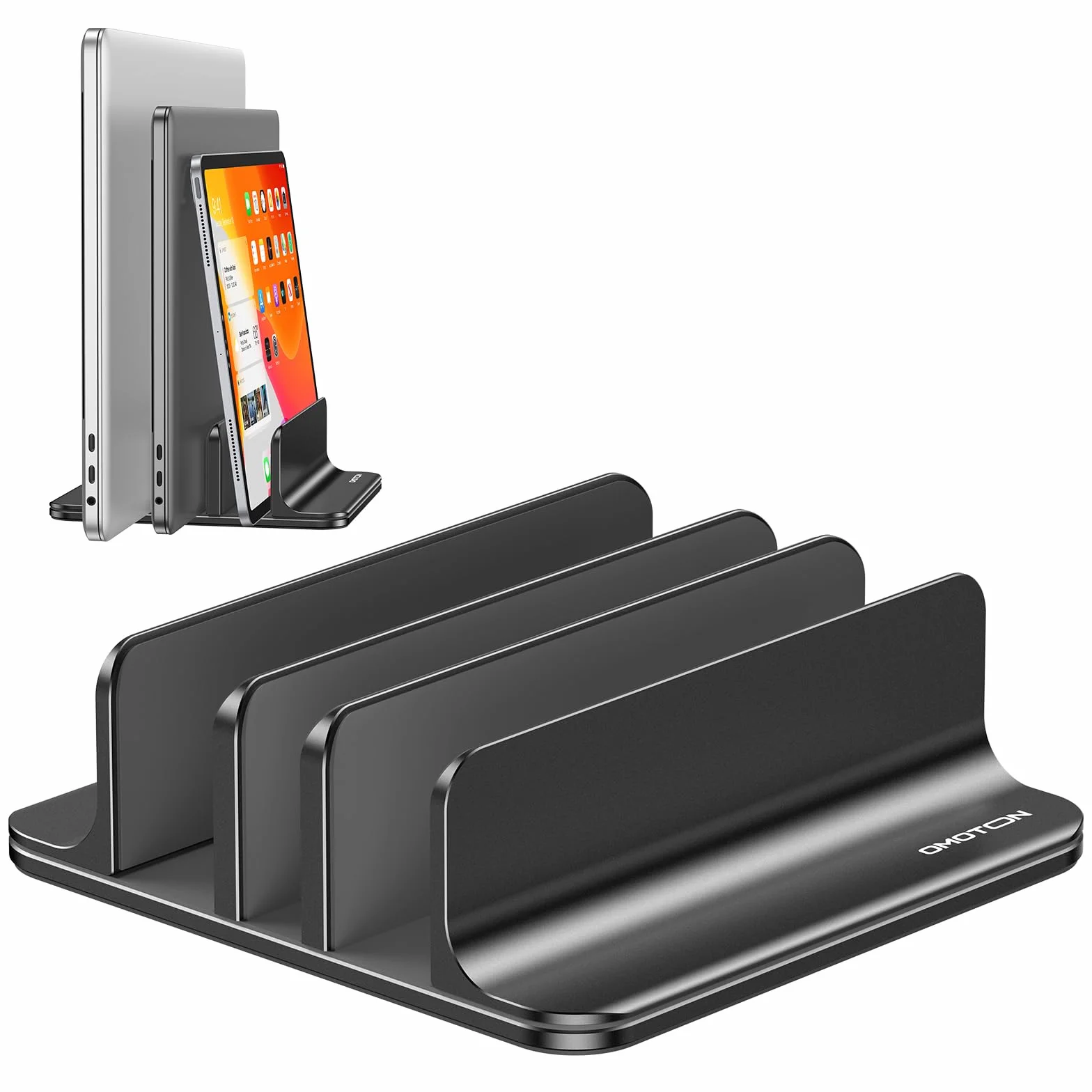OMOTON Soporte vertical para laptop de 3 ranuras, soporte de aluminio de escritorio para MacBook con tamaño de base ajustable, se adapta a todos los MacBook, Surface, Chromebook y portátiles de juegos