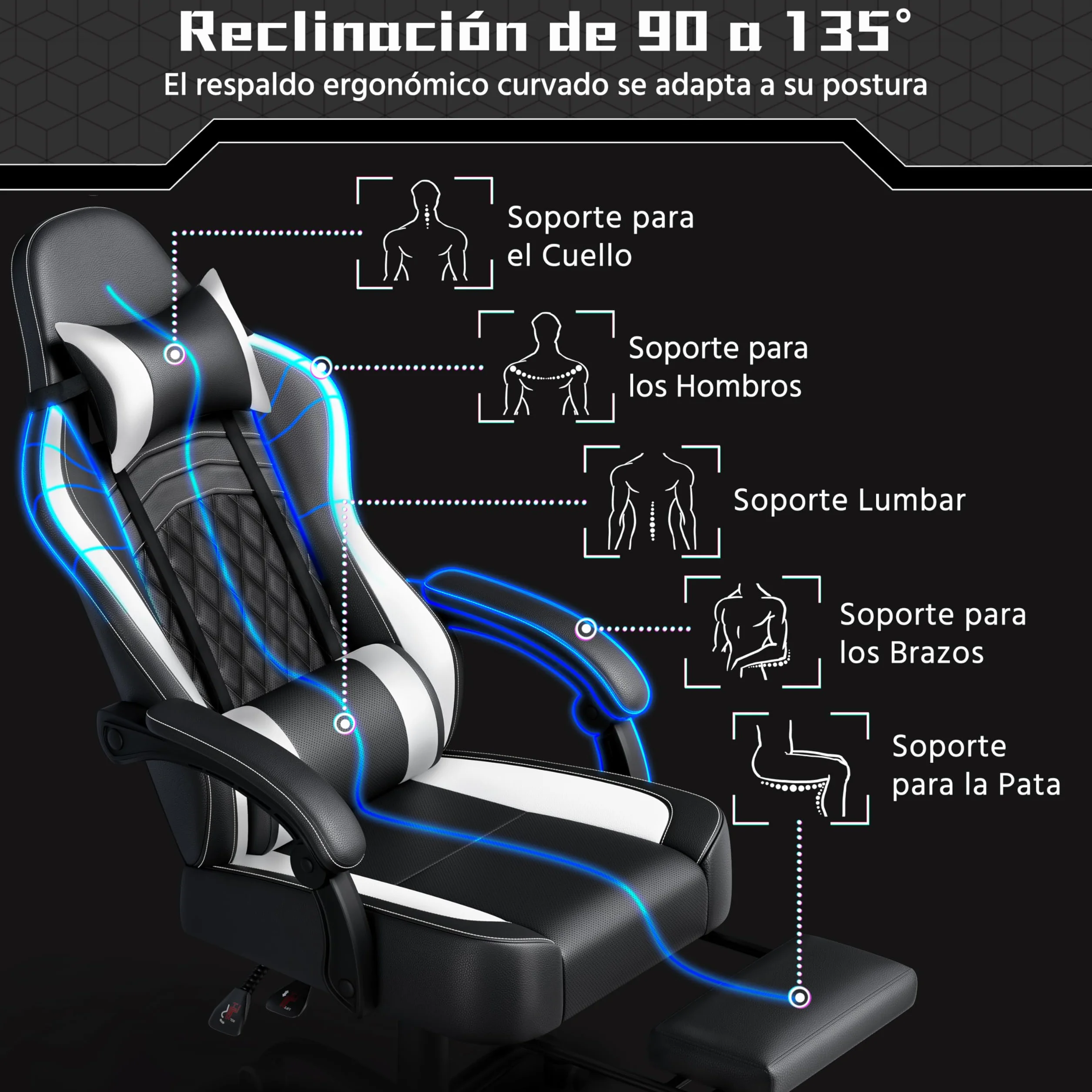 Yaheetech Silla Gaming Ergonómica con Respaldo Alto, Masaje Lumbar, Reposacabezas y Reposapiés, Ajustable, Negra/Blanca
