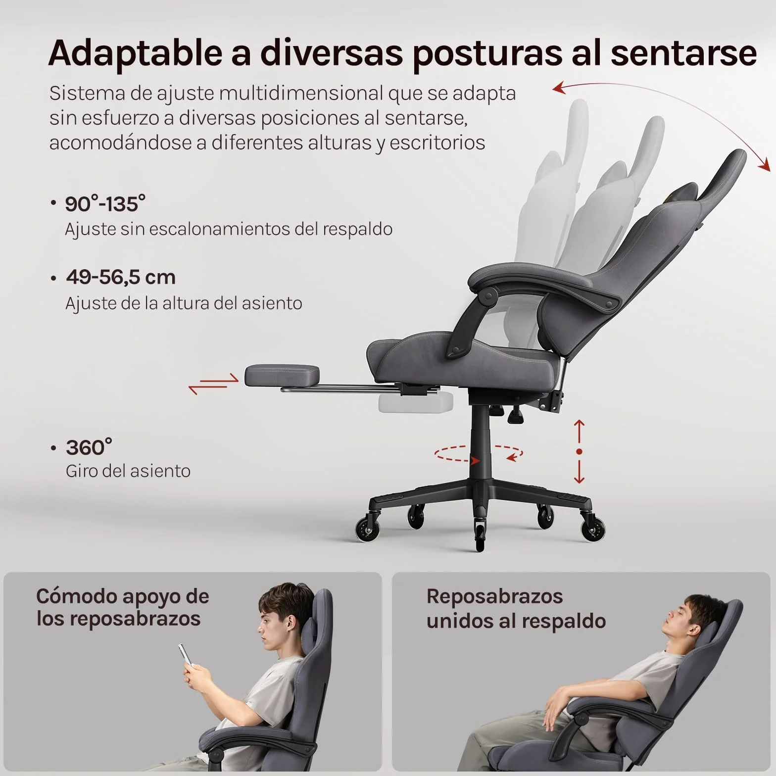 WOLTU Silla Gaming con Soporte Lumbar Ergonómica Oficina Giratoria Reposapiés Tela Ante Gris