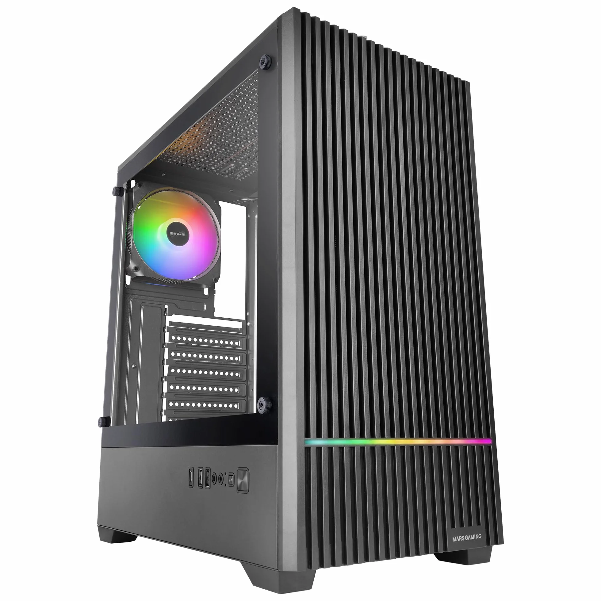 Mars Gaming MC-Quantum, Caja PC Gaming ATX, Frontal Mesh con Tira LED ARGB, Cristal Templado Lateral Completo, 4X Ventiladores FDB 120mm, Soporte Refrigeración Líquida hasta 240mm, USB-C, Negro