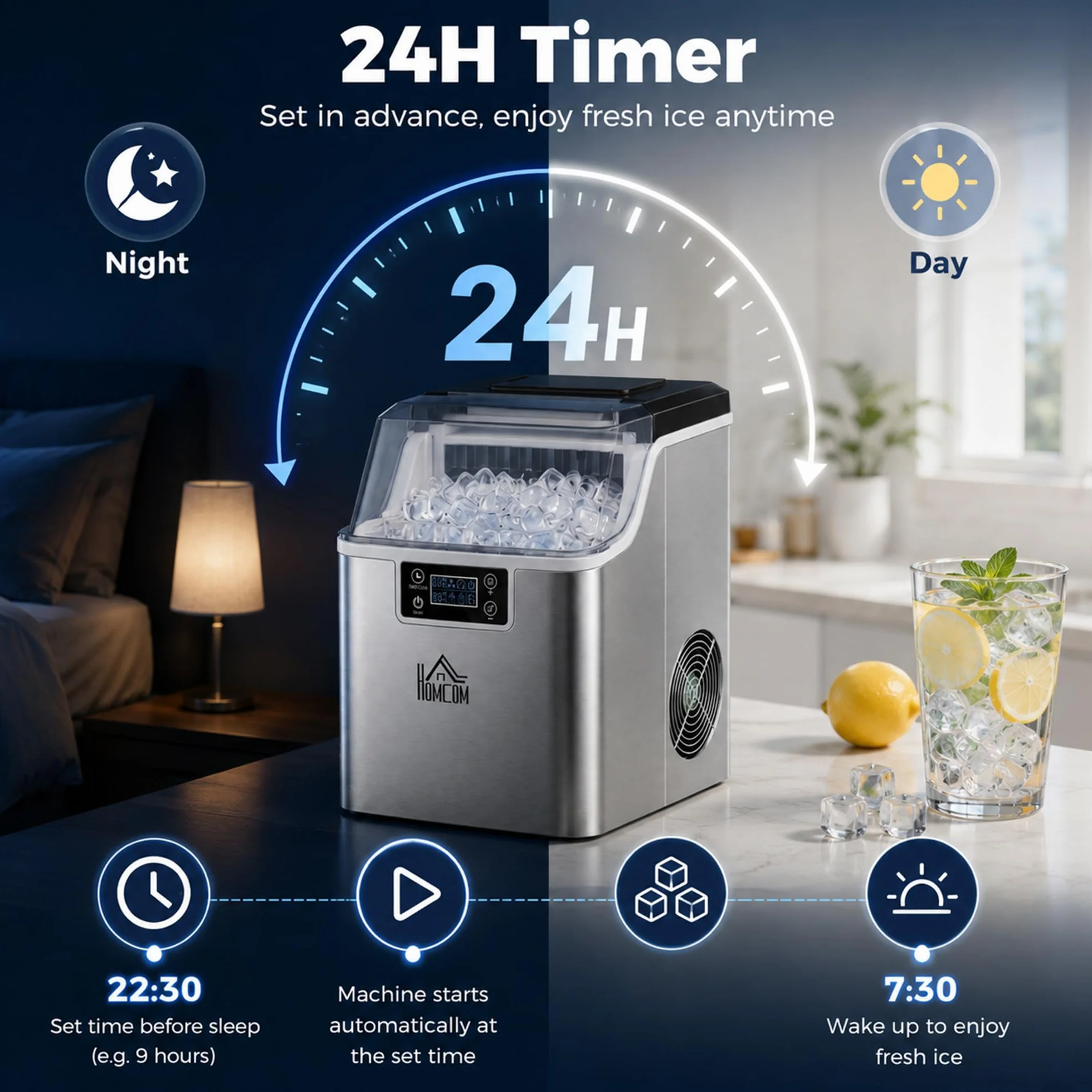 HOMCOM Máquina de hielo acero inoxidable 24 cubitos 14-18 min 20 kg/24h 3,2 L autolimpiable cocina
