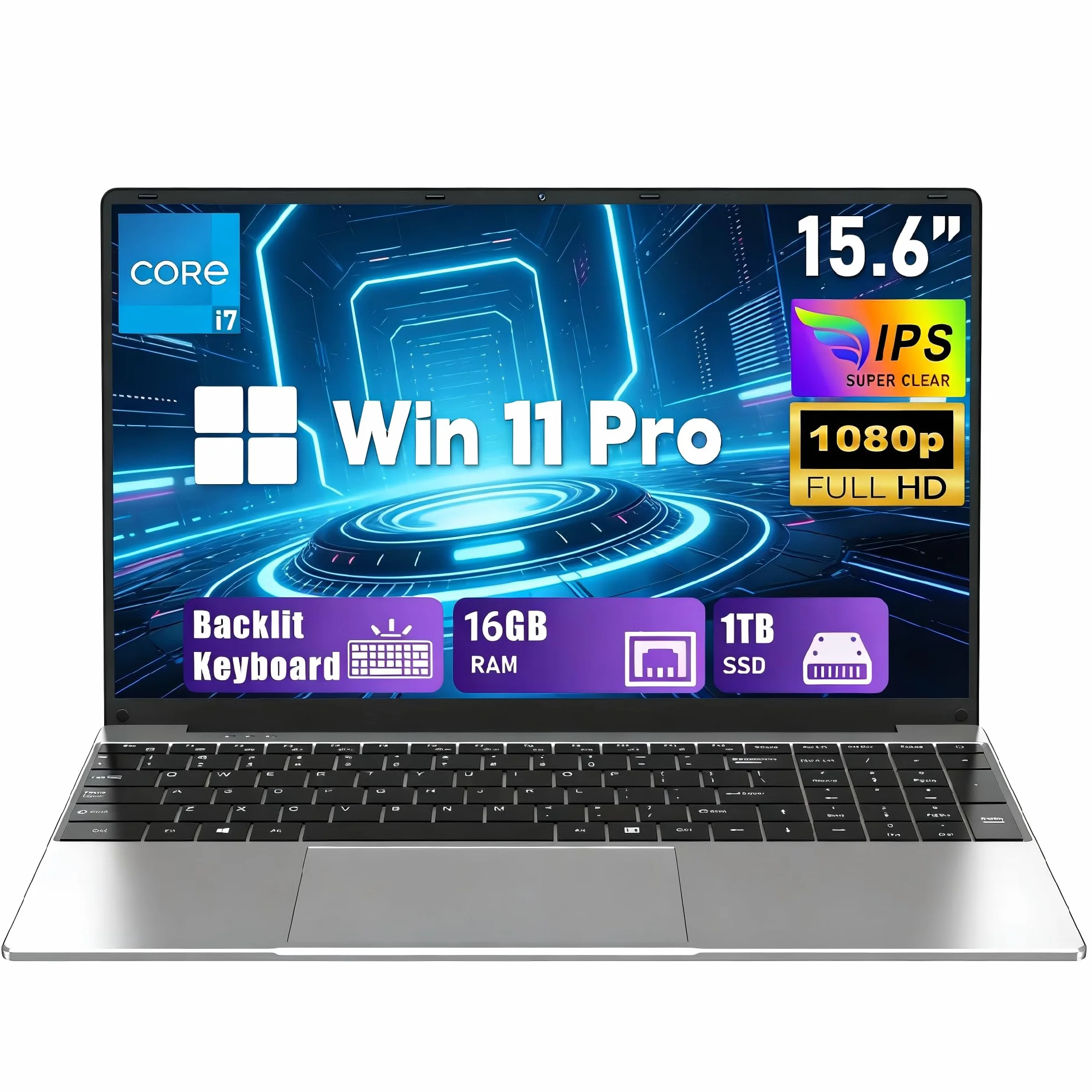 FUNYET Ordenador Portátil,Laptop Modelo 2026 de 15,6 Pulgadas,16 GB de RAM,SSD de 1 TB,PC Portátil Core i7-7600U,FHD 1920 x 1080,5000 mAh, WiFi5,Teclado retroiluminado,Apertura de 180°