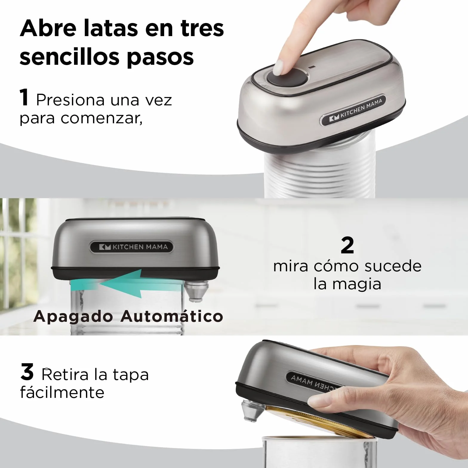 Kitchen Mama Orbit One Abrelatas Recargable Manos Libres Carga Tipo C Apagado Automático Acero Inoxidable