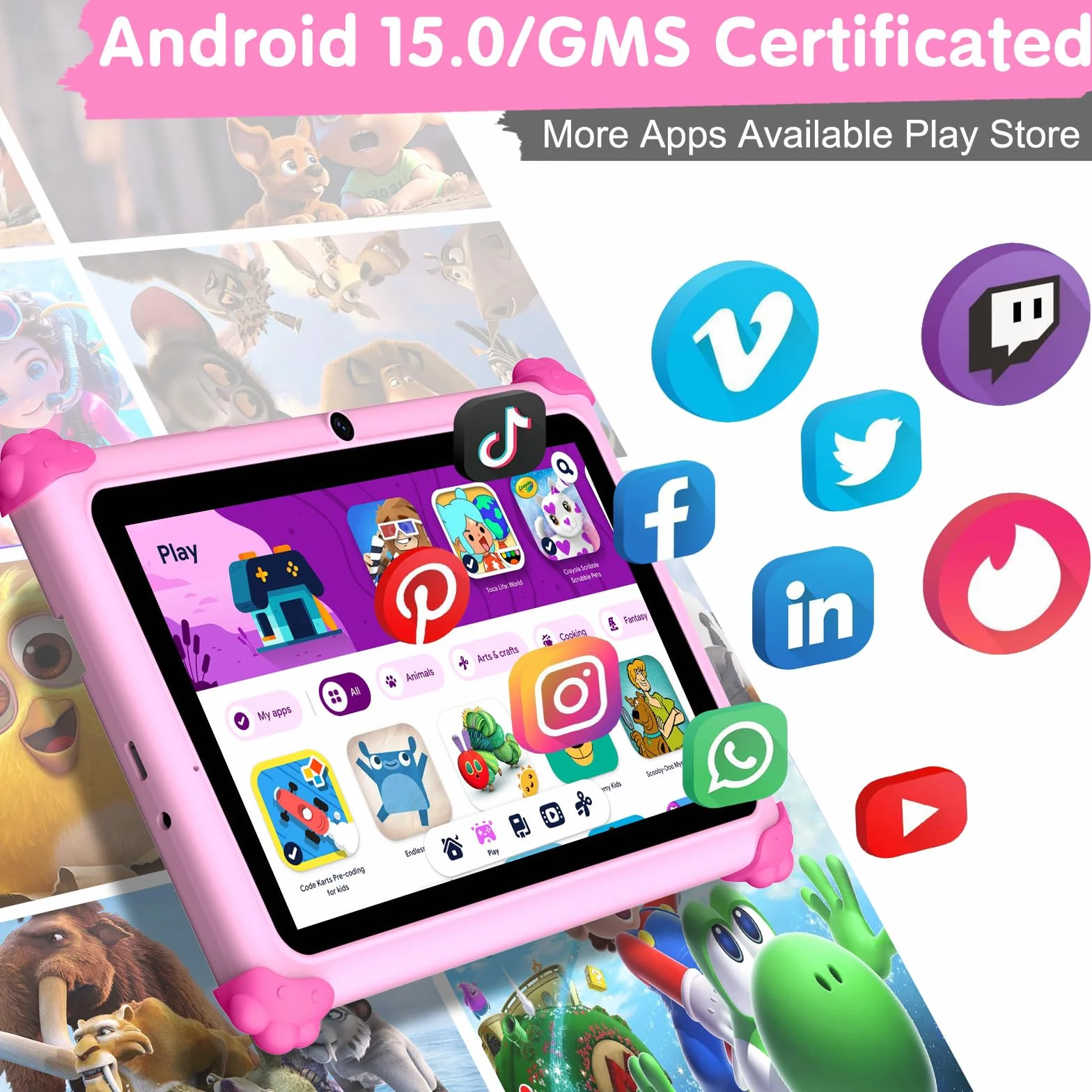 ascrecem Tablet Niños 7 Pulgadas Android 15 Tablet para Niños con 2.4G+5G WiFi6 Penta Core 6GB RAM 32GB ROM Tableta Infantil Doble Cámara 128GB Expandible Control Parental Juegos Educativos (Rosa)