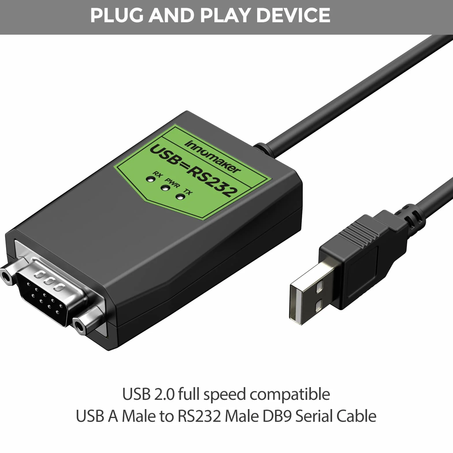 innomaker Adaptador USB a serie RS232 de grado industrial, USB a DB9 macho, chipset FTDI, protección ESD, aislamiento de señal y energía, compatible con Windows 11, 10 XP, Mac OS, Android, Linux