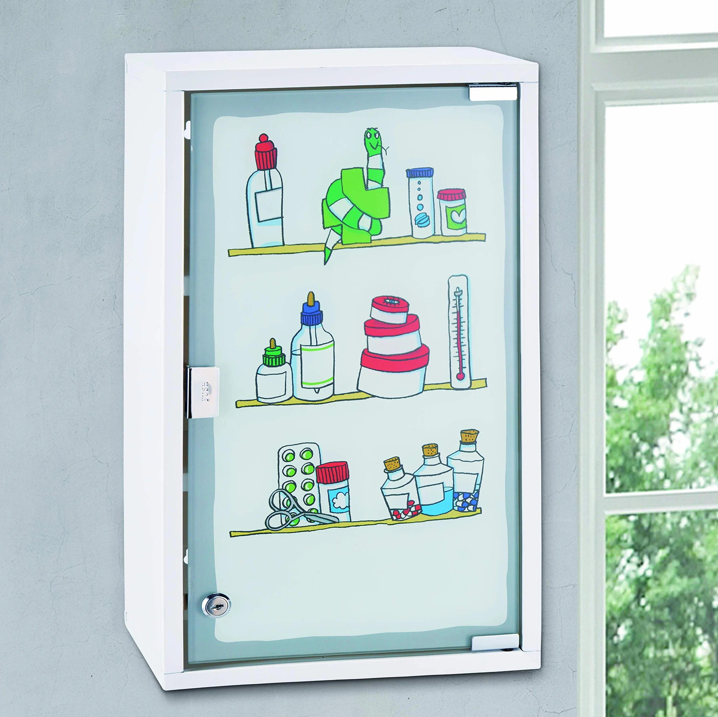 Armario Medicinal de Metal con Puerta de Cristal y Cerradura Blanco