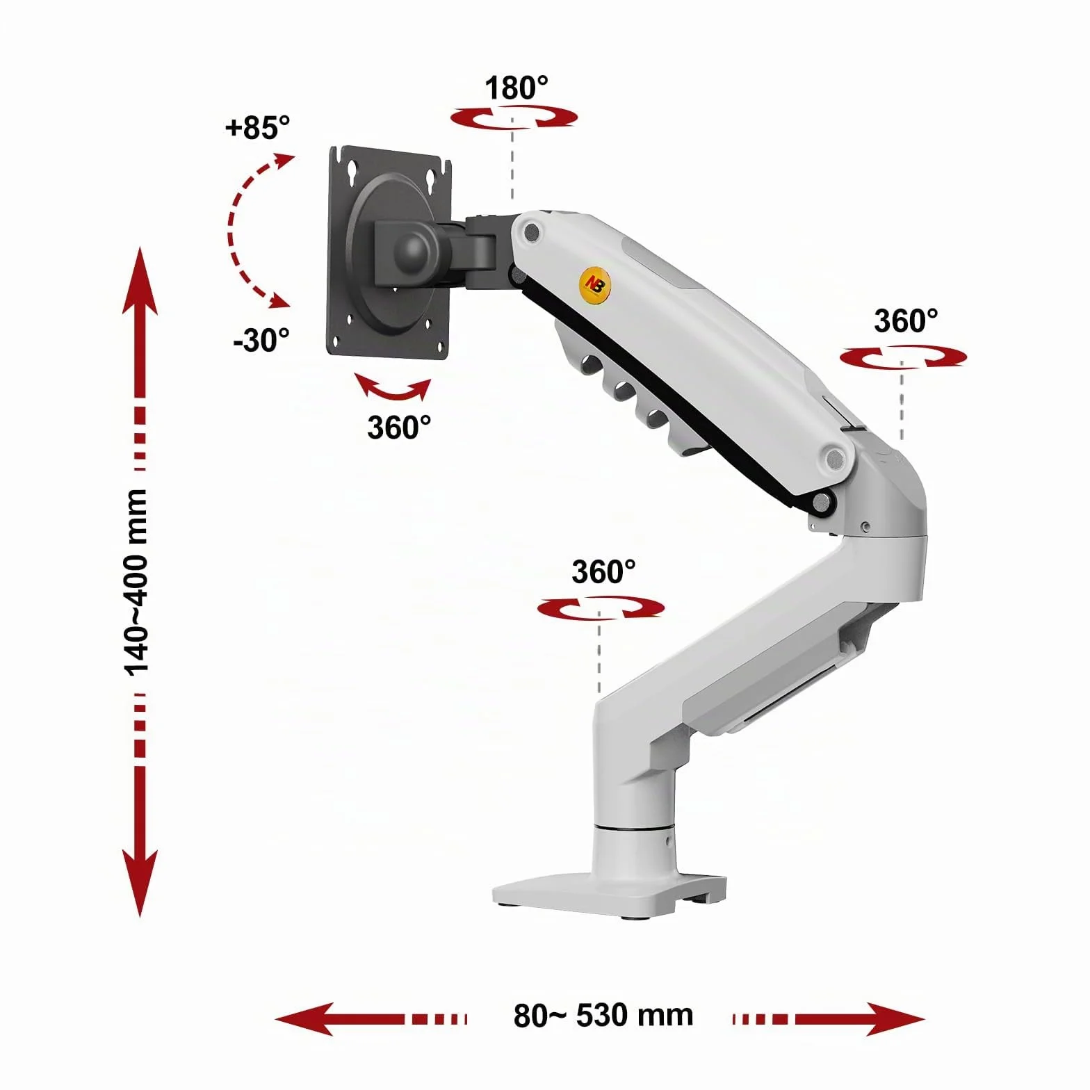 Soporte de Escritorio con Resorte de Gas para Pantallas LCD de 17″-32″, Blanco, VESA 75 mm y 100 mm, rotación de 360°, para un Peso de 2 a 9 kg