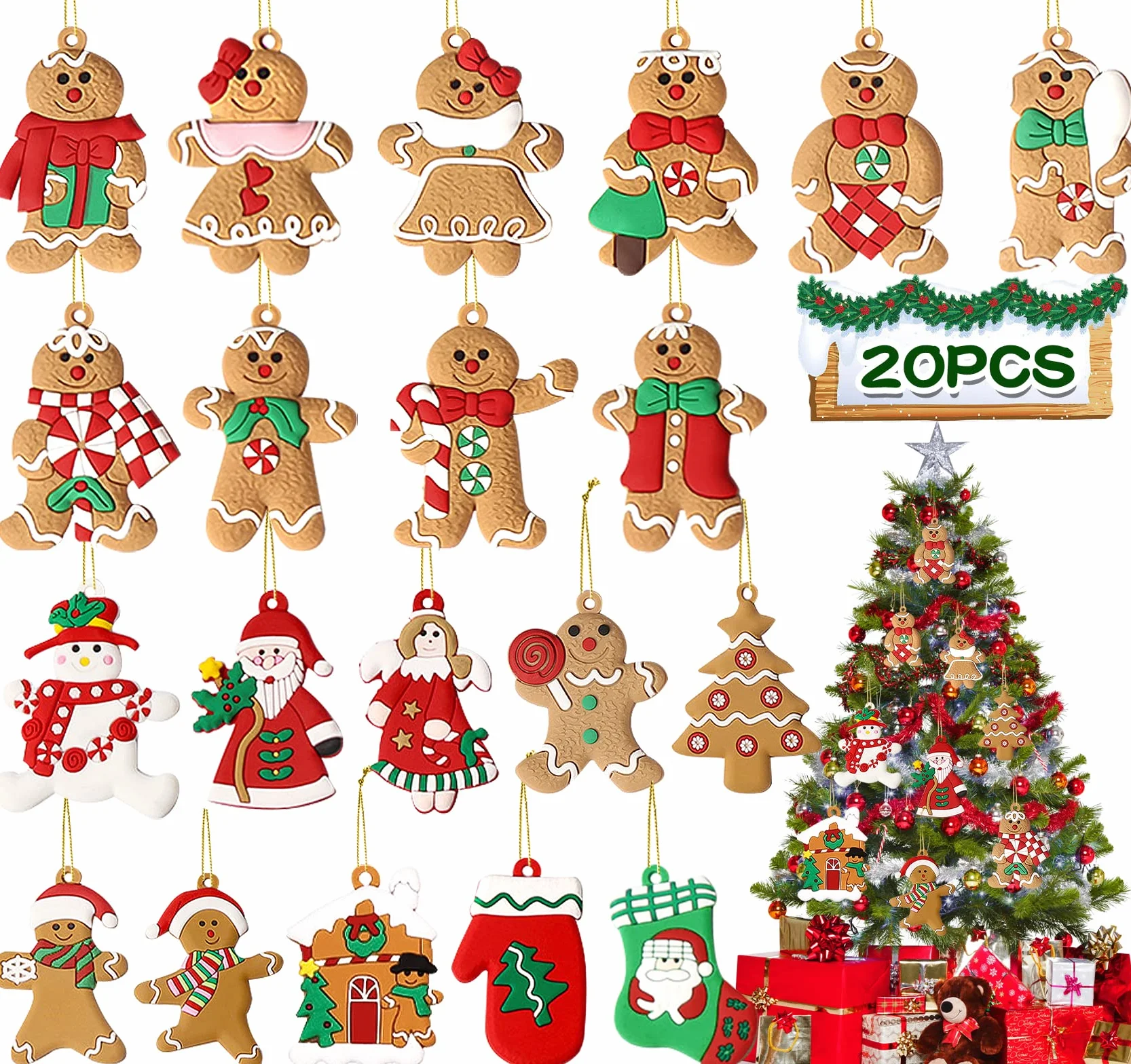 Adornos Navideños de Pan de Jengibre 20 Piezas Mini Colgantes para Árbol de Navidad