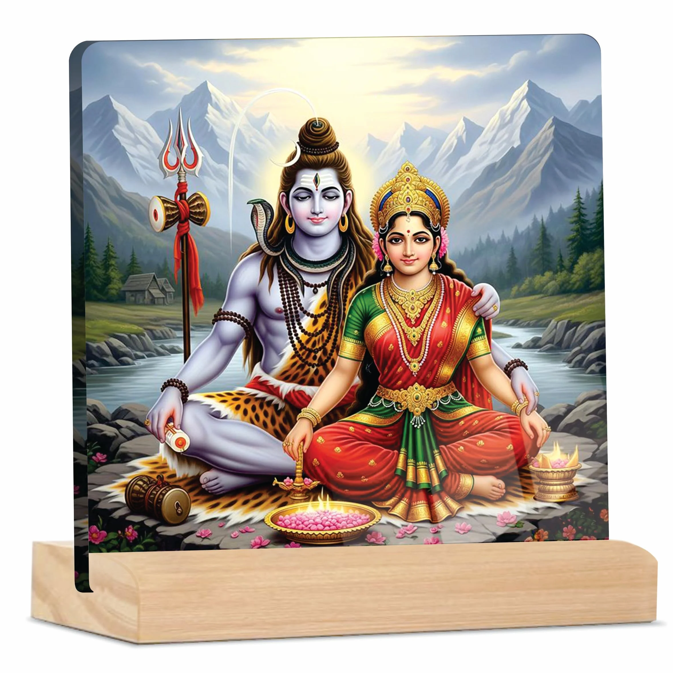 Giftplease Placa Parvati del Señor Divino Shiva y la Diosa con soporte de madera, marco de fotos religioso para el templo del hogar, habitación Pooja, oficina y regalo espiritual para inauguración de