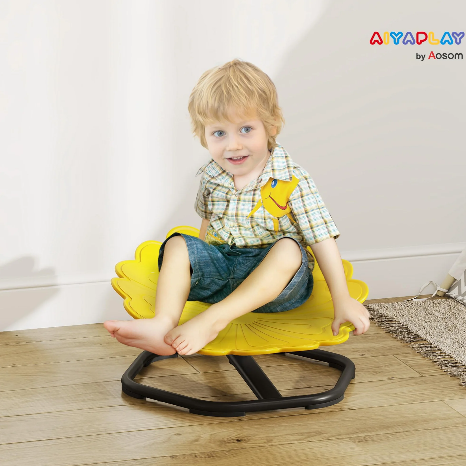 AIYAPLAY Silla giratoria sensorial 360° en forma de flor para autismo, entrenamiento equilibrio, base acero antideslizante, amarillo
