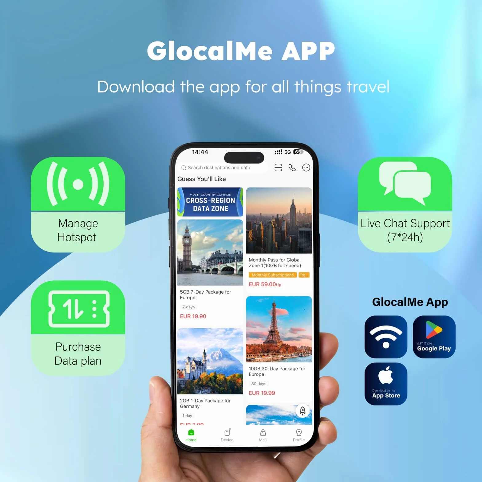 GlocalMe UPP WiFi portátil 4G LTE, Router WiFi portatil de Bolsillo con 1GB de Datos globales, No SIM, Disponible en más de 200 países, Solo 112g, 13h de Uso con Internet portátil (Azul)