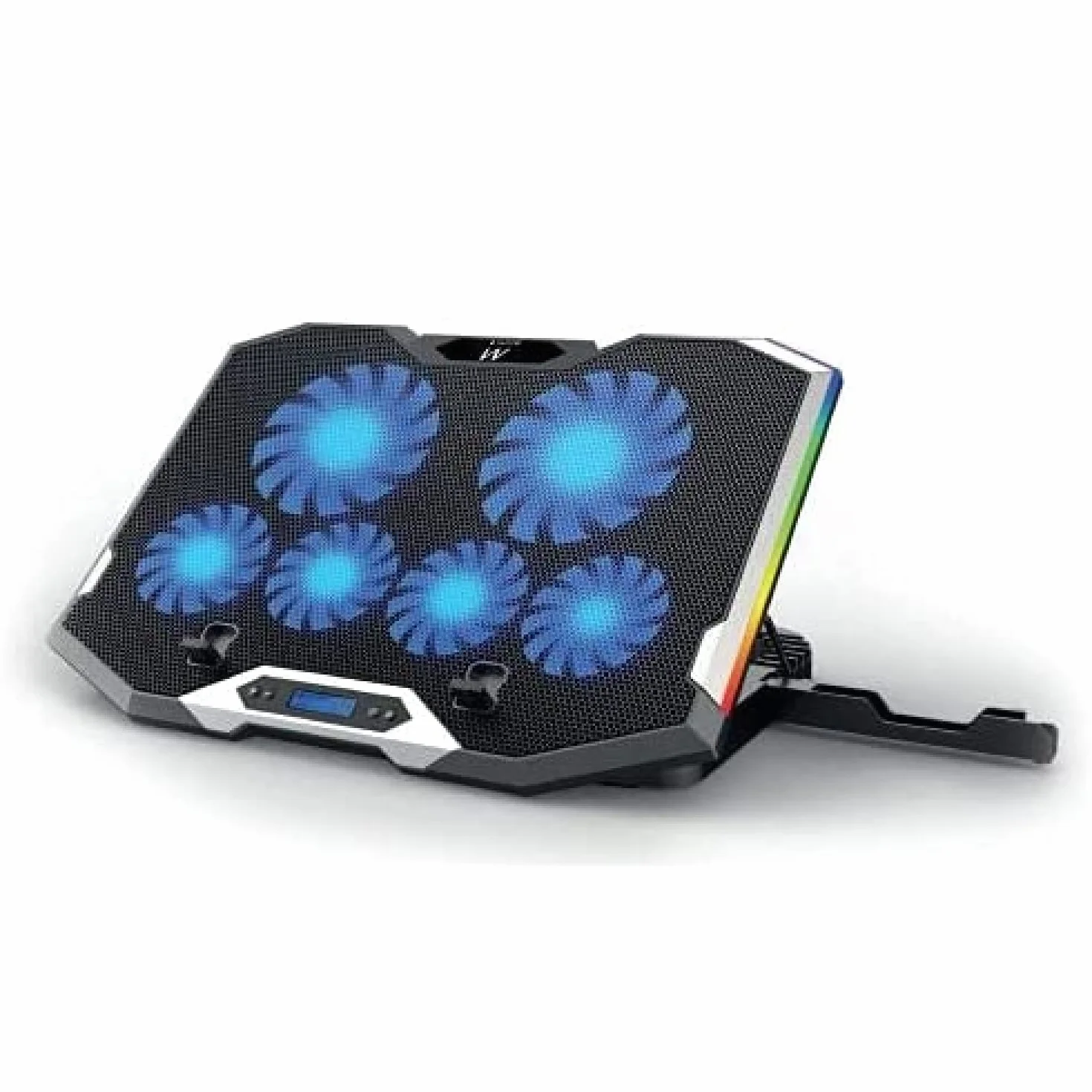 Ewent EW1260 - Soporte y Ventilador para Portátil - Silencioso - 6 Ventiladores de Velocidad Ajustable - para Portátiles de hasta 17" - Pantalla LCD - 2 Puertos USB - 7 Luces LED - Diseño Ergonómico