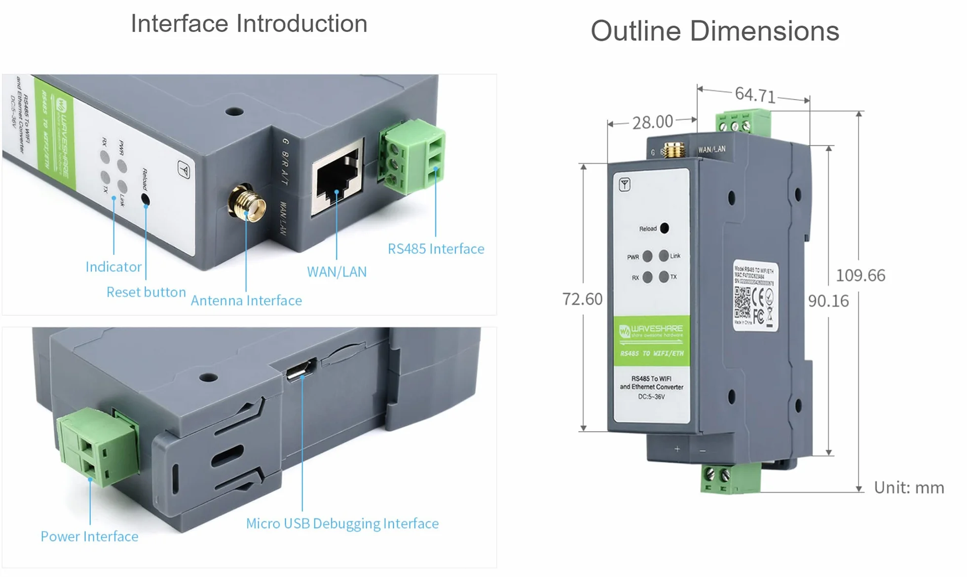 Módulo RS485 a WiFi Ethernet, Gateway Modbus MQTT, Servidor Serial Montaje en Riel, Puertos RS485/WiFi/Ethernet