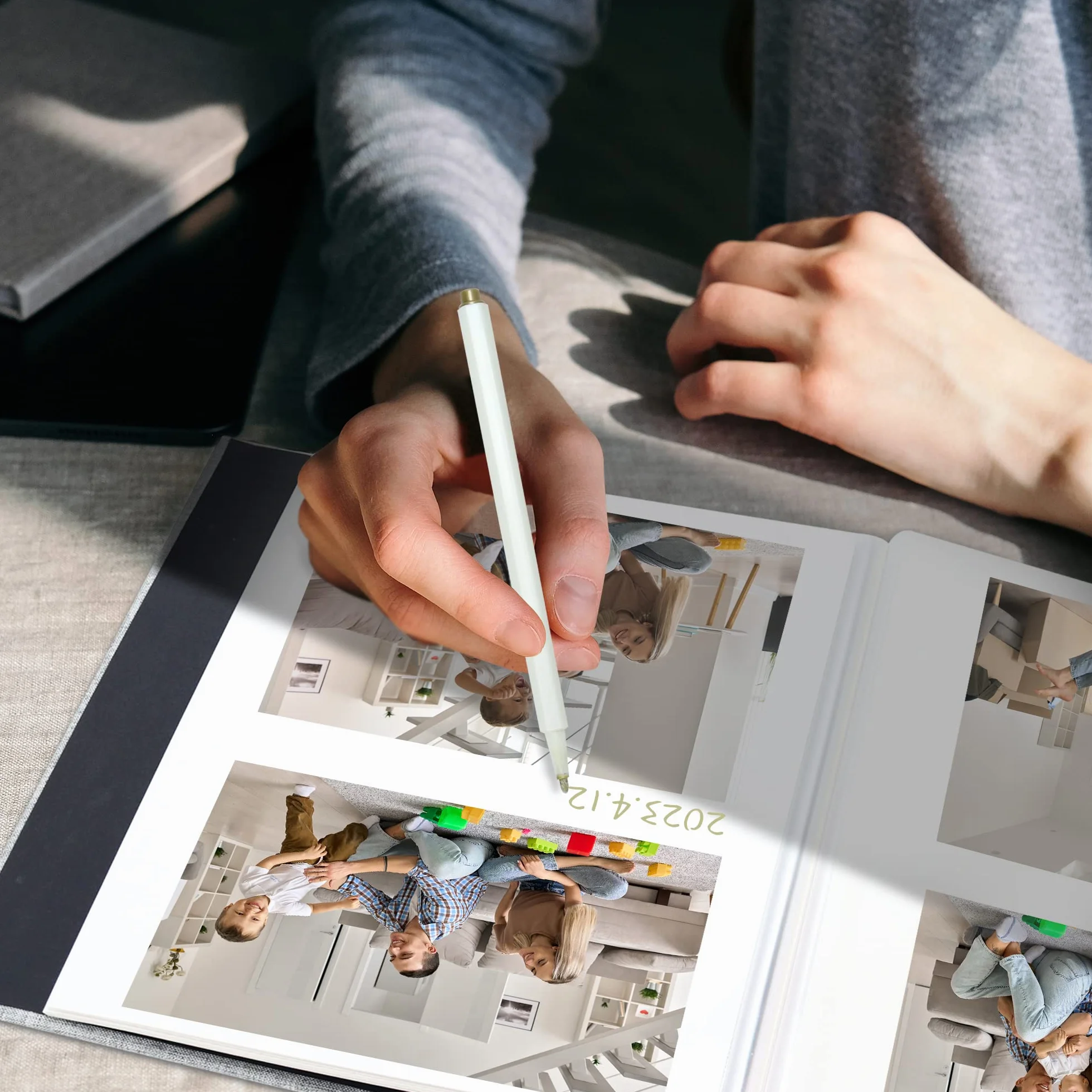 Álbum Fotos Autoadhesivo 28x27 cm Scrapbook 40 páginas Funda de Lino con Bolígrafo Metálico Gris