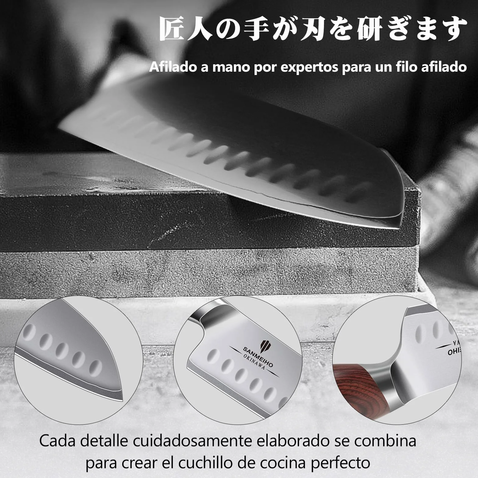 SANMEIHO Cuchillo Santoku 18 cm Acero Japonés 10Cr15MoV Hoja 12° Mango Pakka