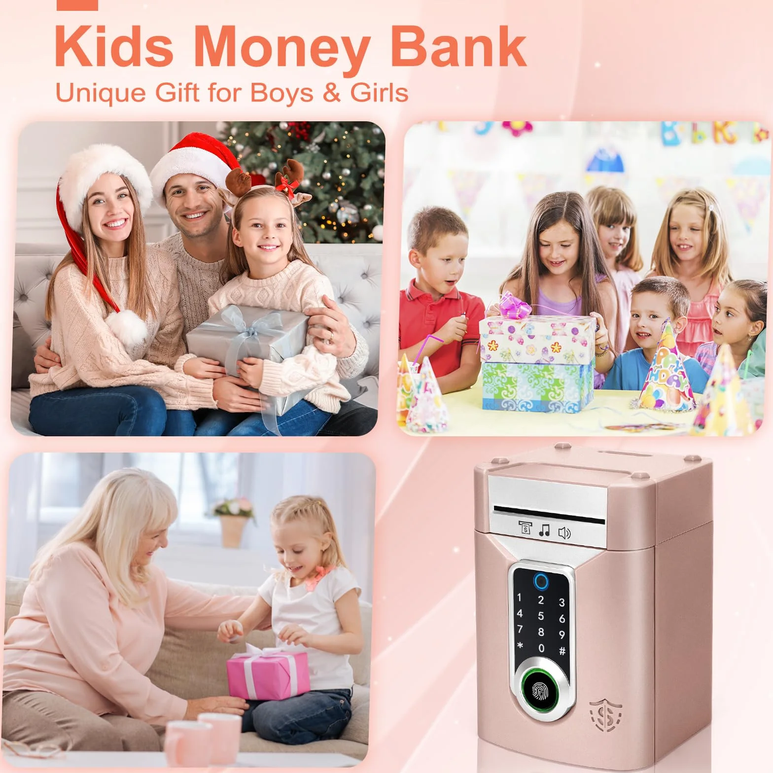 Highttoy Hucha Caja Fuerte con Pantalla Táctil y Huella Dactilar, Cajero Automatico para Niños 3-12 Años, Oro Rosa
