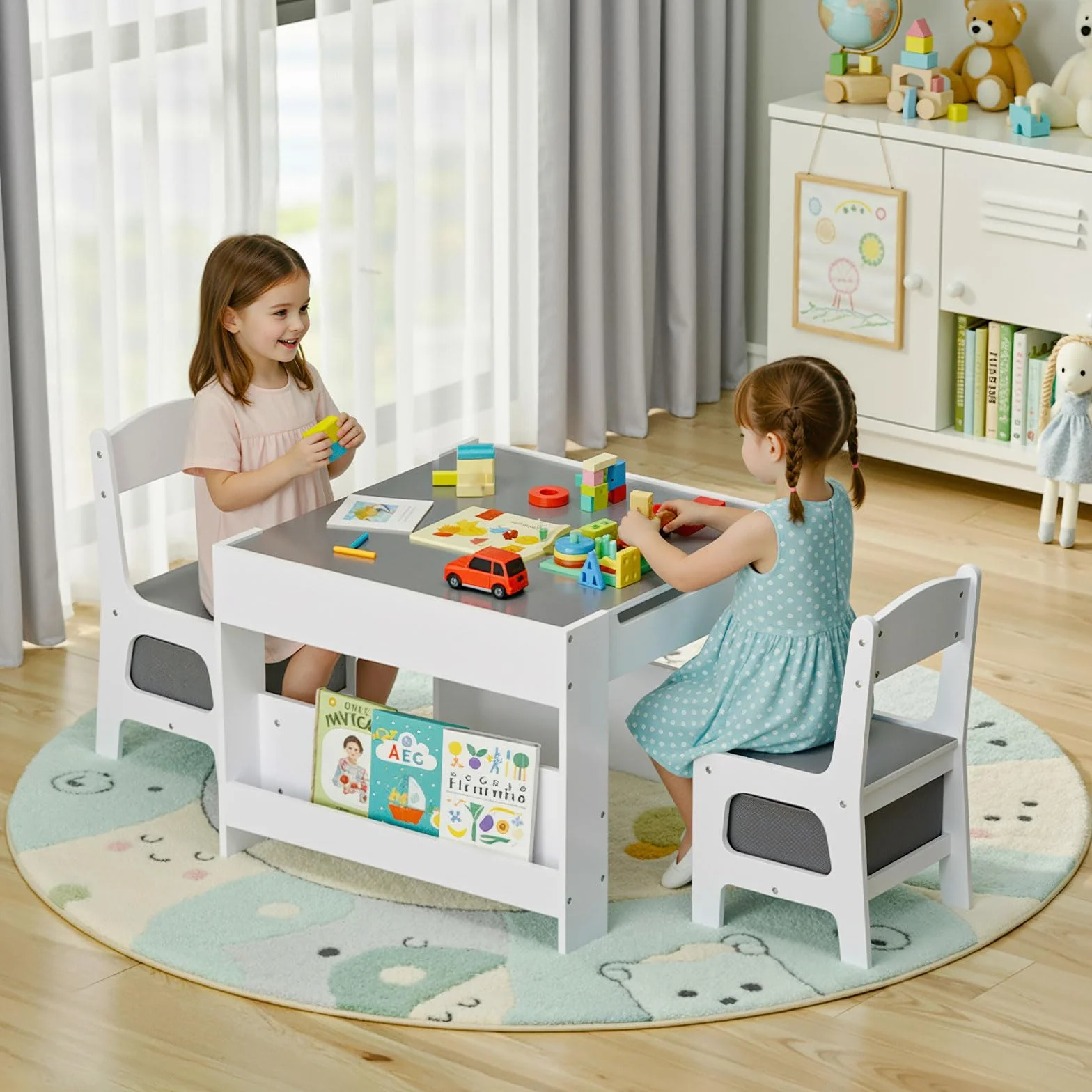 Mesa Infantil 3 en 1 con 2 Sillas y Almacenaje MAMIZO para 3-7 Años Gris