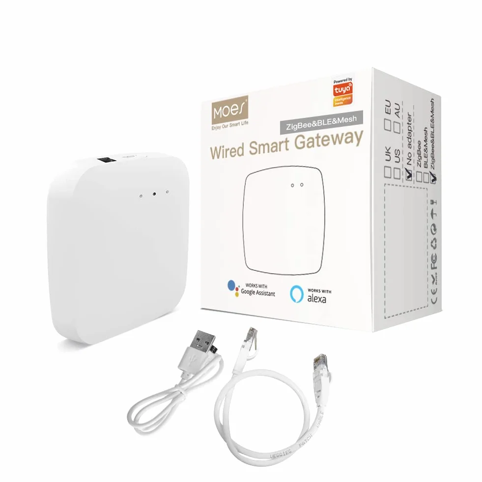 MOES Tuya Smart ZigBee Wired Gateway-Multi-Mode con BLE Wlan 2.4G Mesh Hub, control de voz a través de Alexa Google Home, cable de red requerido para conectar el enrutador y el Tuya Hub