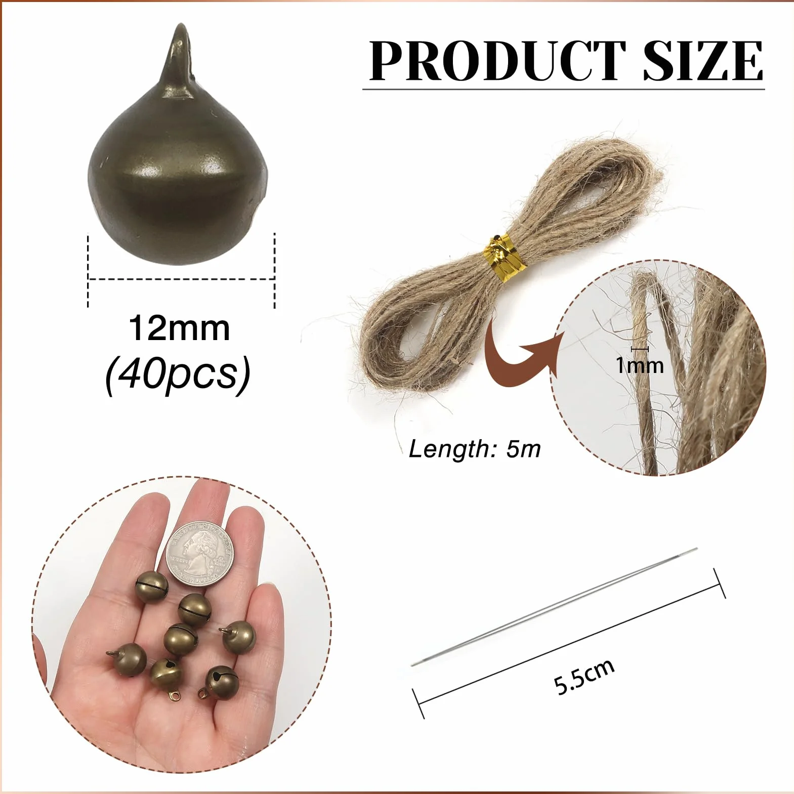 TOAOB 40 Piezas Cascabeles de Bronce Antiguo 12 mm con Cuerda de Cáñamo 5 m para Decoración Creativa