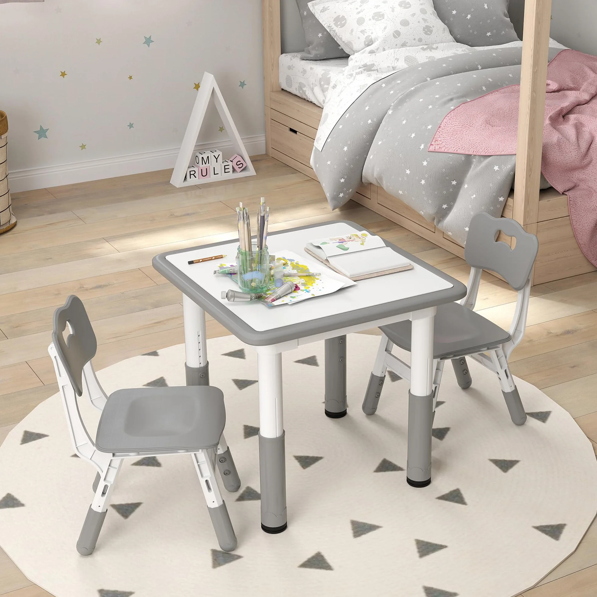 AIYAPLAY Mesa y Sillas Infantiles de 3 Piezas Altura Ajustable para Niños 18 Meses-5 Años Blanco y Gris