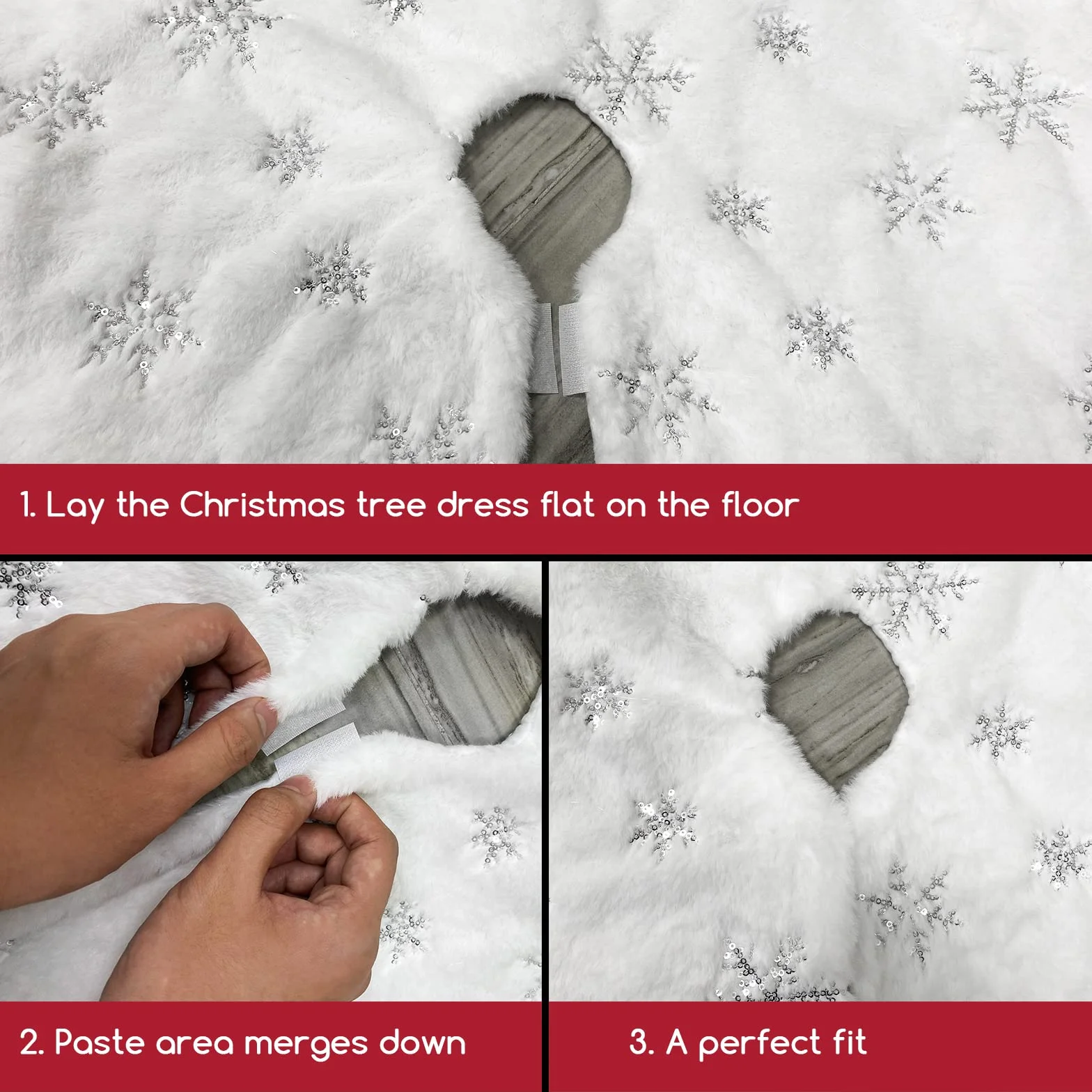 Jsdoin Falda Árbol Navidad 90cm Doble Capa Felpa Blanco Estampado Copo Nieve Plateado Decoración