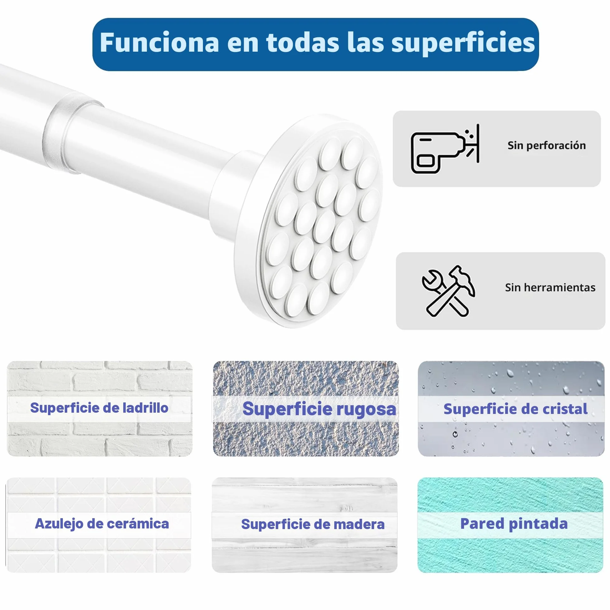 Barra de Cortina Telescópica Extensible 300cm 85-270cm Φ32mm Blanco Baño Dormitorio
