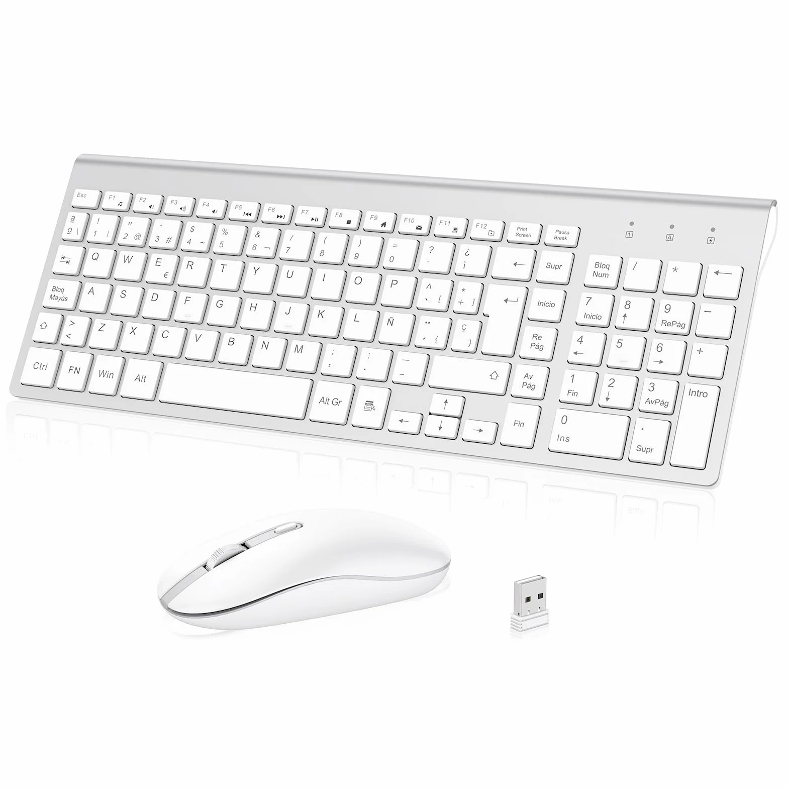 cimetech Combo Teclado y Ratón Inalambrico, 2.4G Teclado Raton Inalambrico Español 2 en 1 USB Ultra Delgado Silencioso Mouse, para PC/Laptops/Ordenador/Escritorio (Blanco y Plata)