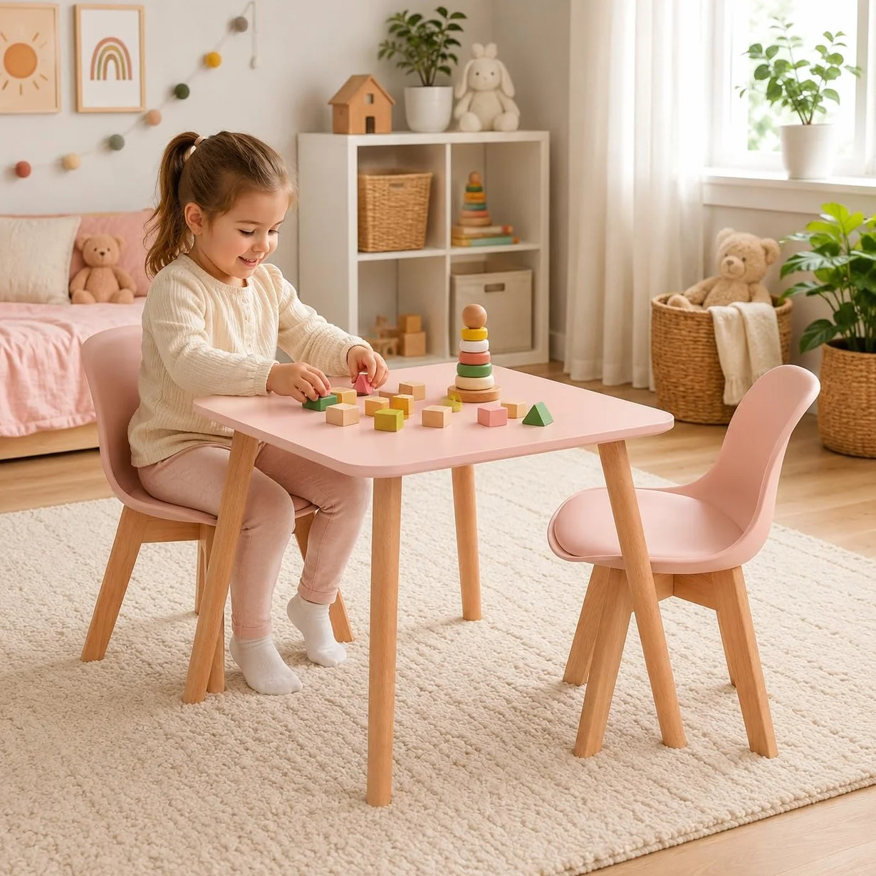 EGGREE Silla Infantil con Patas de Madera, Altura Asiento 33 cm, Rosa