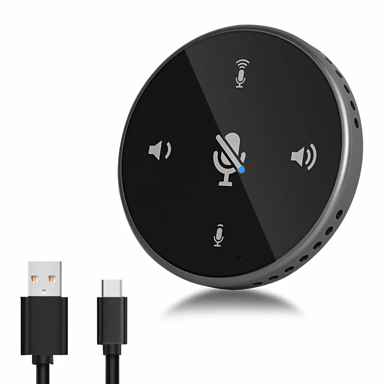 Depusheng Altavoz USB Q5 Altavoz de Conferencia Negro y Gris con luz indicadora, Interruptor/Volumen/Botones de grabación Idea para Oficina en casa Captura de Voz de 360º