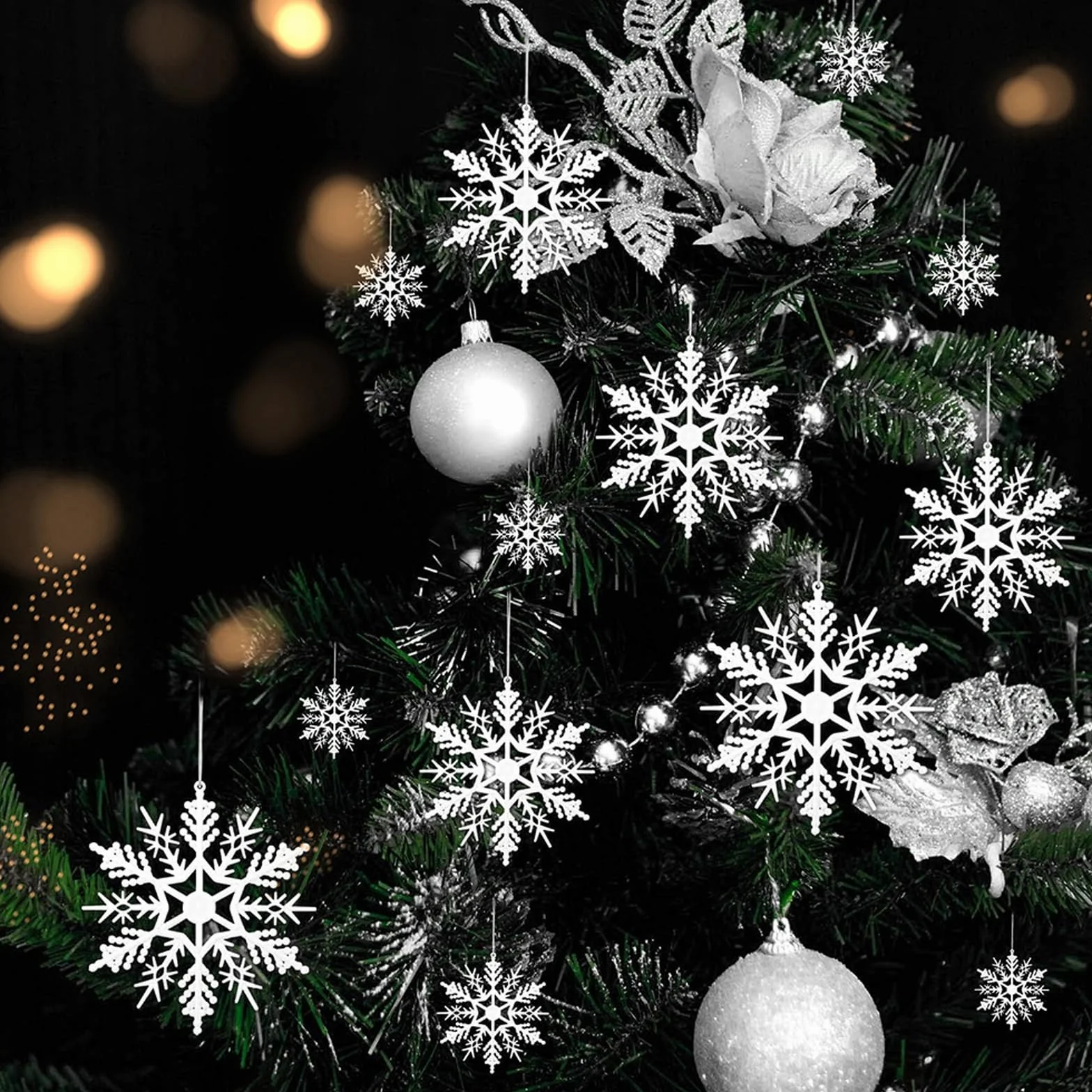 Copos De Nieve Decoracion, 24 Piezas Blanco Brillante Adorno Colgante Arbol Navidad Fiesta Invierno