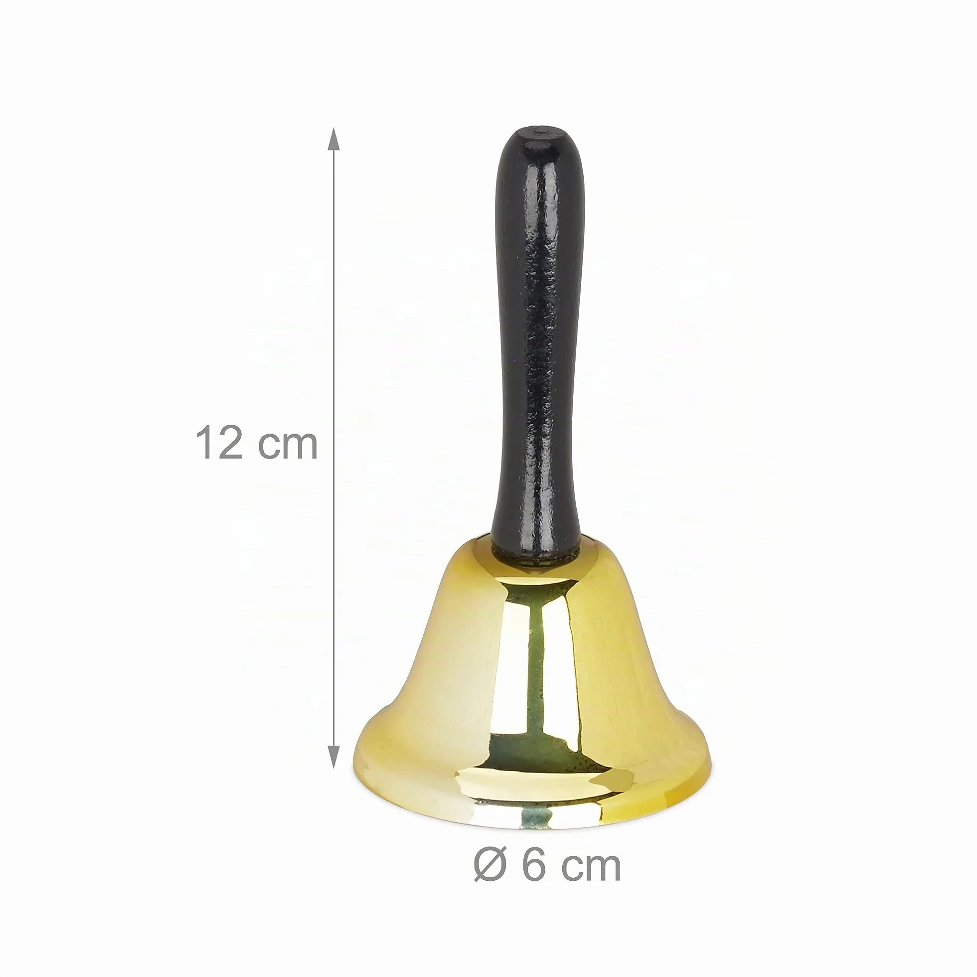 Relaxdays Campana de Mano, Sonido Alto, hierro y madera, 12 cm, Oro
