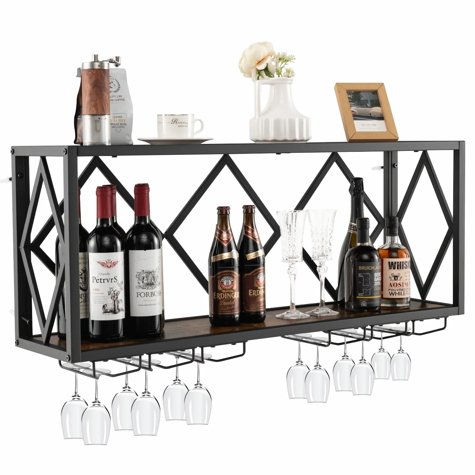 KOMFOTTEU Botellero de Pared Estante de Vino Decorativo con Portavasos para Copas 20 kg Carga por Capa 100 x 25 x 45 cm