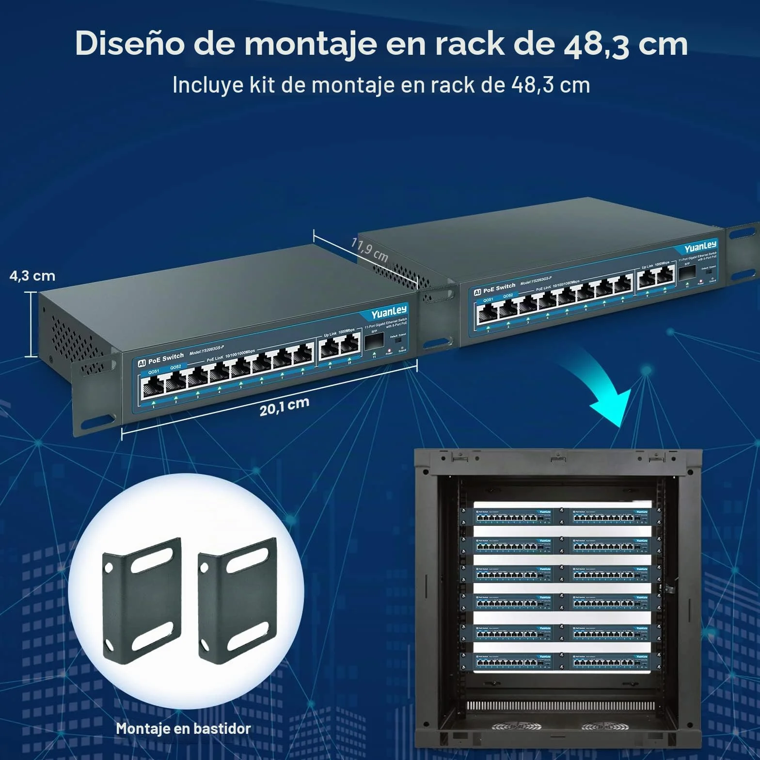 YuanLey 11 Puertos PoE Gigabit Switch, 8 Puertos PoE+, 2 Gigabit Uplink, 1 Puerto SFP, 120W 802.3af/at, Metal, Qos, Conmutador Ethernet de Detección Inteligente AI Plug and Play no Administrado