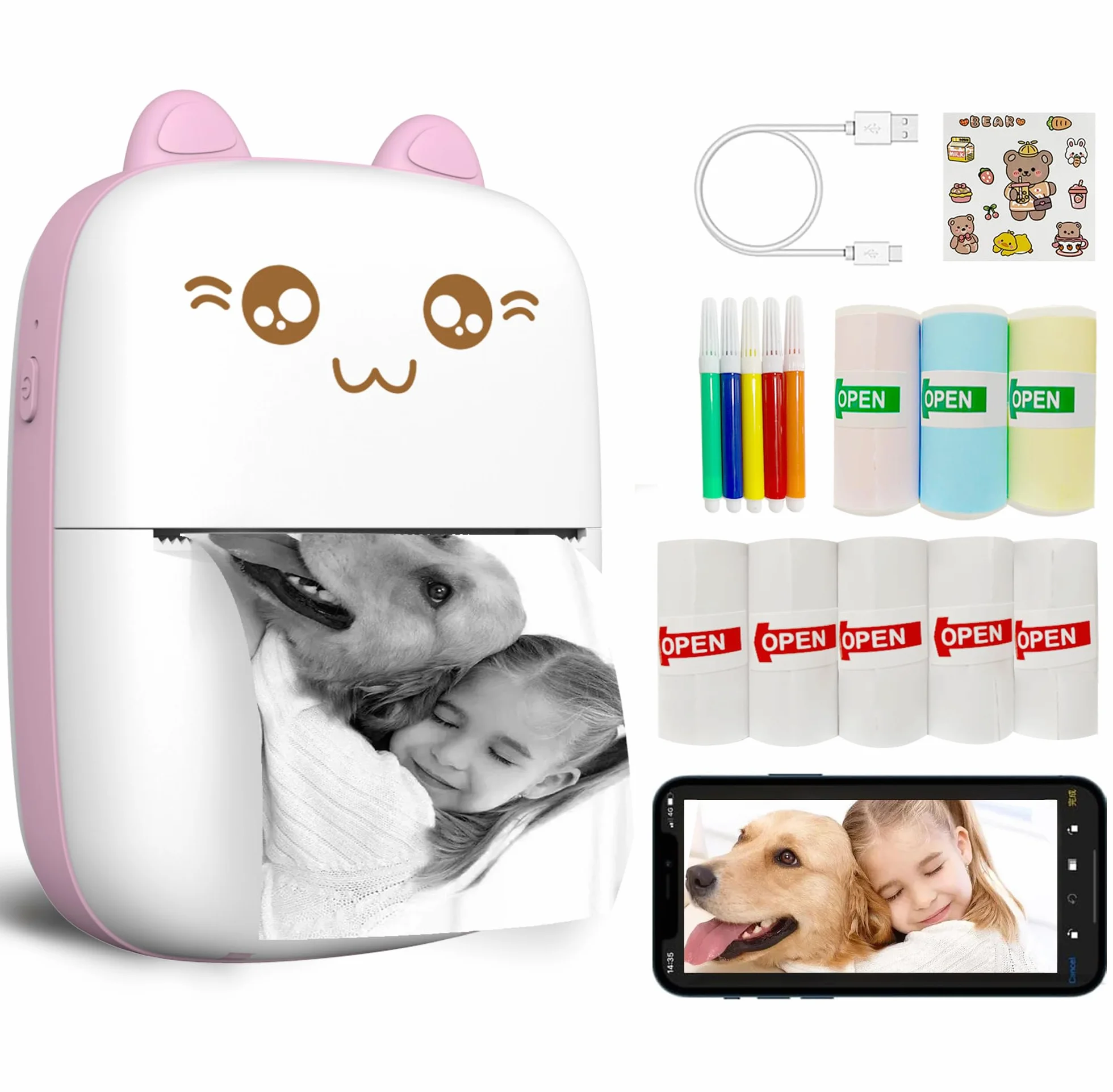 Mini Impresora portátil, Impresora de calcomanías sin Tinta con 8 Rollos de Papel, Mini Impresora térmica inalámbrica Bluetooth Compatible con iOS + Android para Diario, Notas, Fotos, cápsulas de