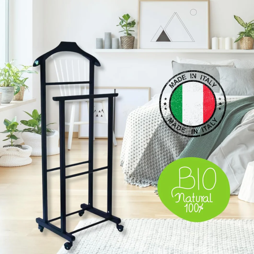 Perchero de dormitorio 2 usuarios negro madera de haya natural doble con 4 ruedas Italia