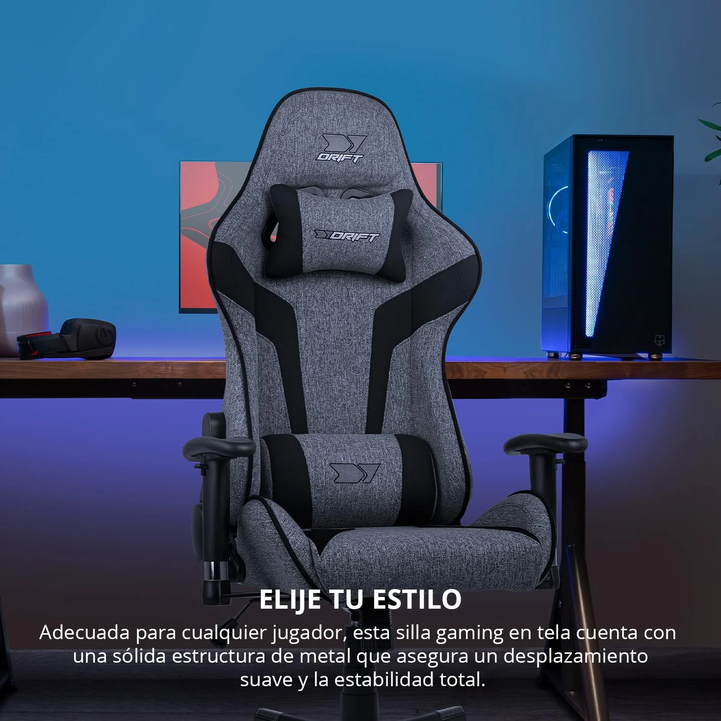 DRIFT GAMING DR90 Silla Gaming Ergonómica Respaldo Reclinable 135° Brazos 2D Ajustables Tejido Transpirable Base Nylon Pistón Gas Clase 4 Gris/Negra