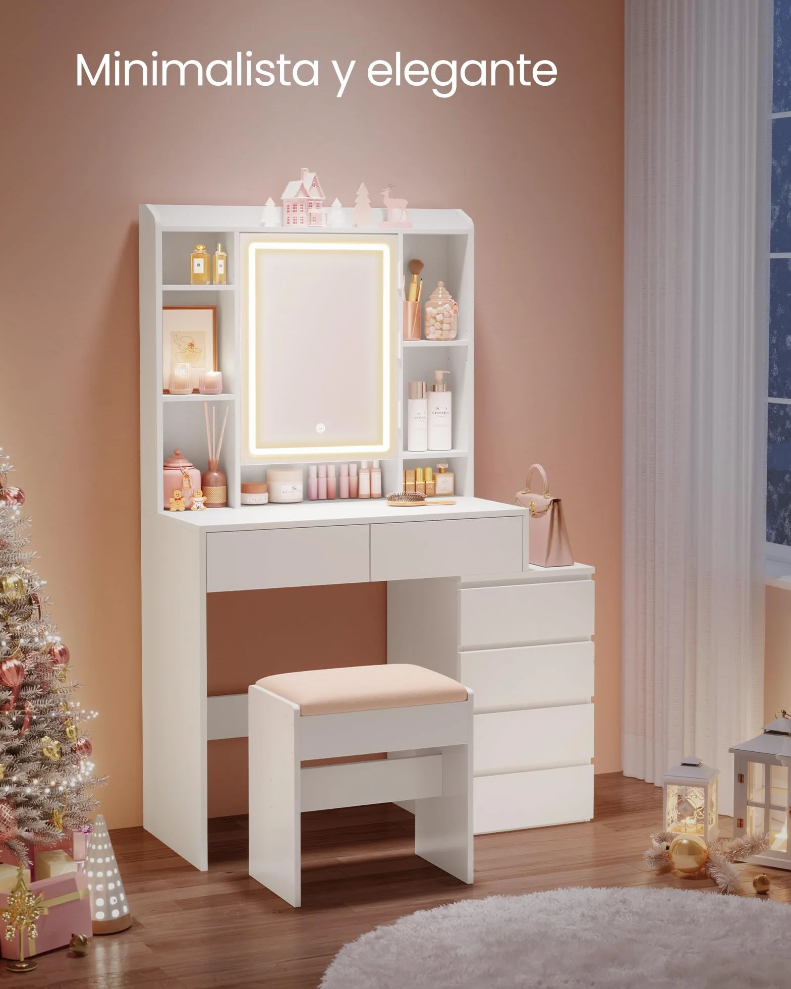 VASAGLE Kailyn Colección Tocador con Luces LED Mesa de Maquillaje con Espejo 40 x 97,5 x 145 cm Blanco Nube